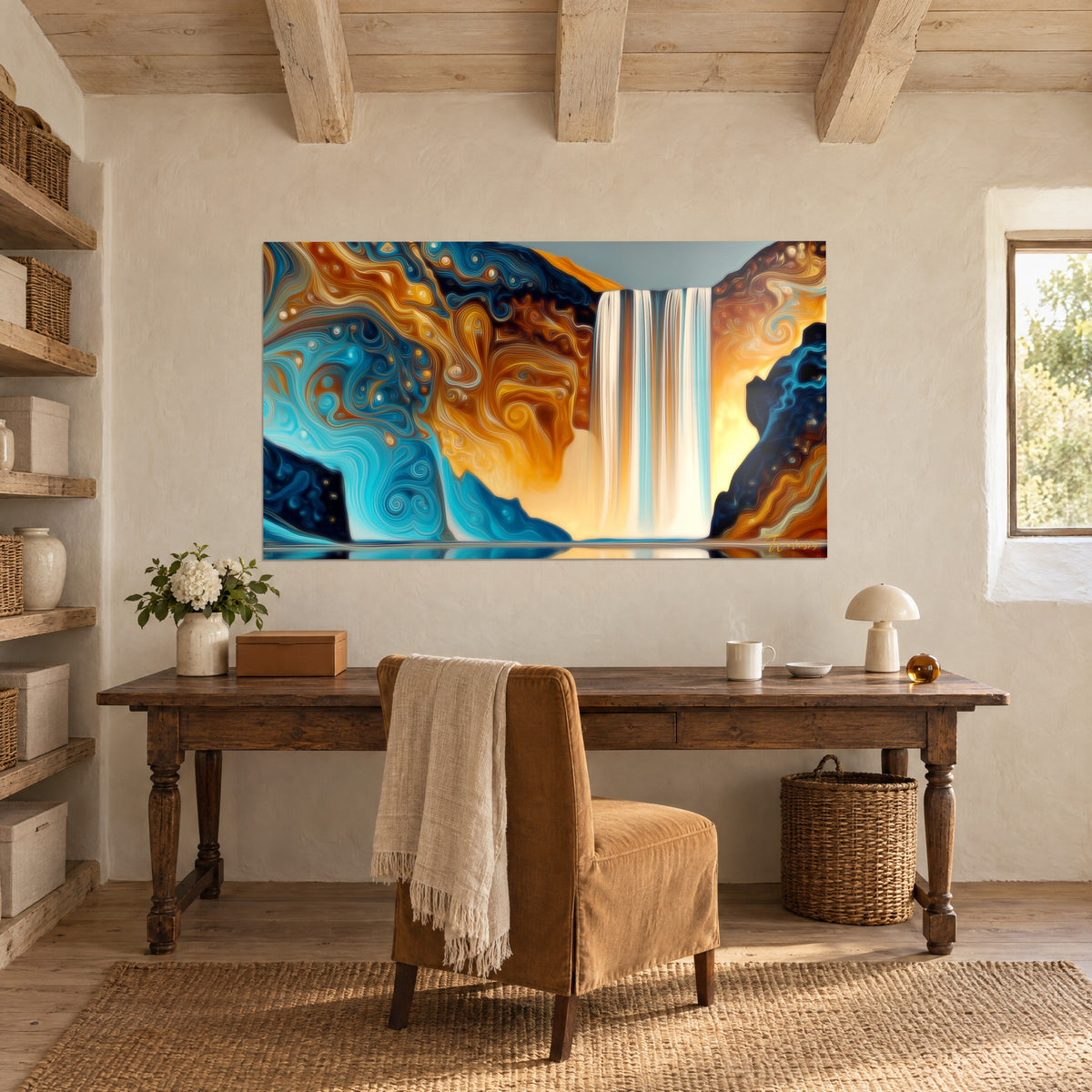 Tableau paysage liquide de falaises psychédéliques bleu azur et orange brûlé, cascade blanche centrale, au-dessus d'un bureau en bois