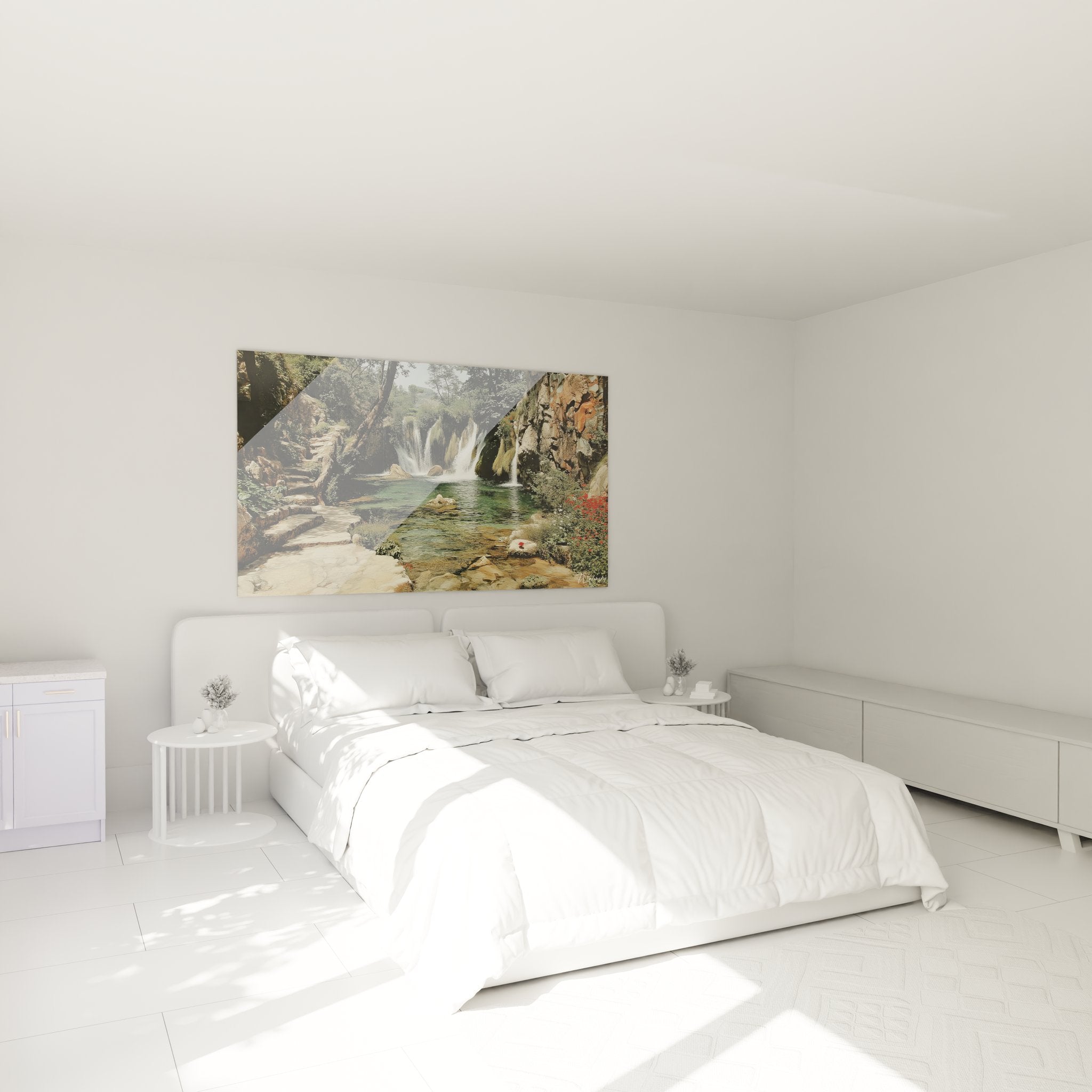 Ambiance chambre avec tableau cascade rocheuse aux tons apaisants, déco murale nature