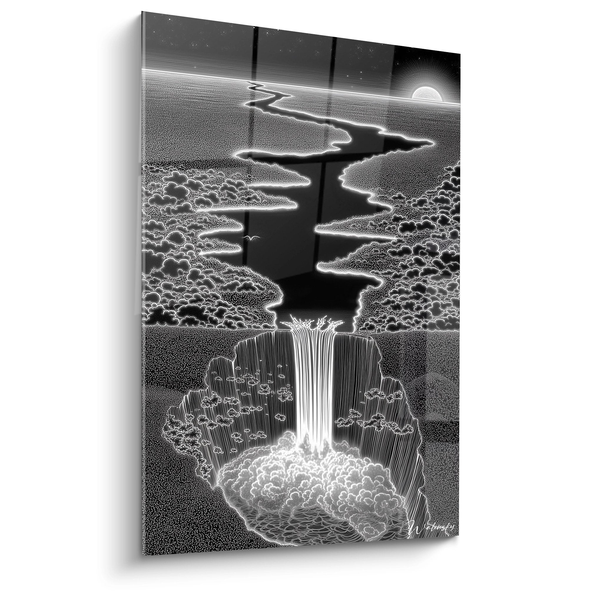 Tableau cascade spirale noir blanc tourbillon mystique ciel étoilé art moderne décoratif