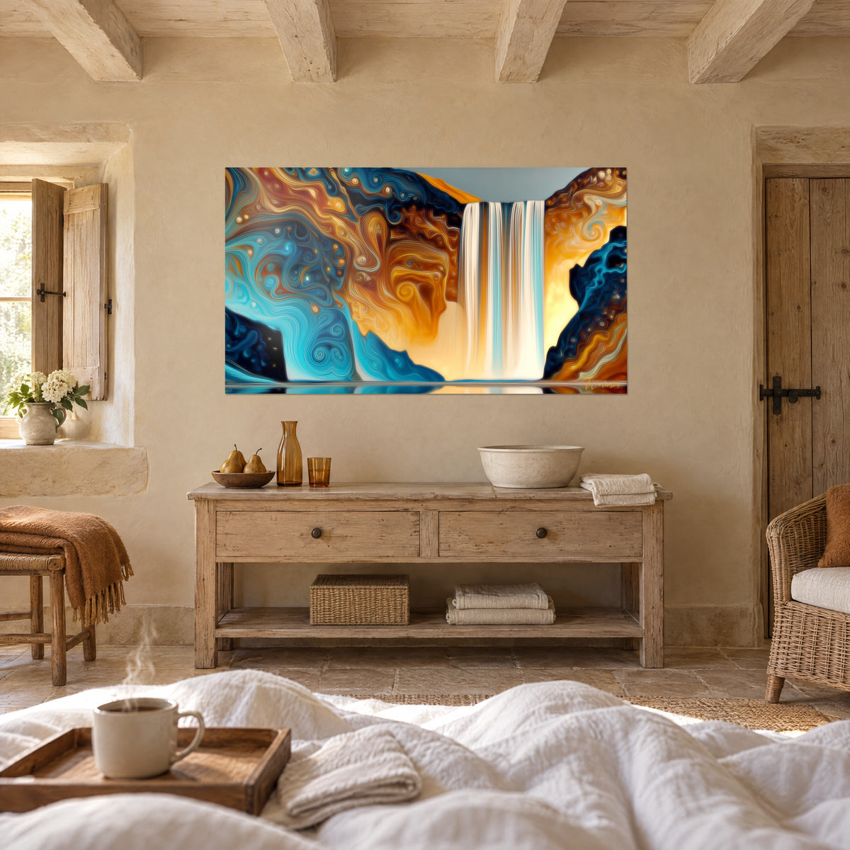 Tableau torrent abstrait aux tourbillons bleu nuit et or, rideau d'eau ivoire, posé sur un mur de chambre, au-dessus d'un lit dans une chambre claire