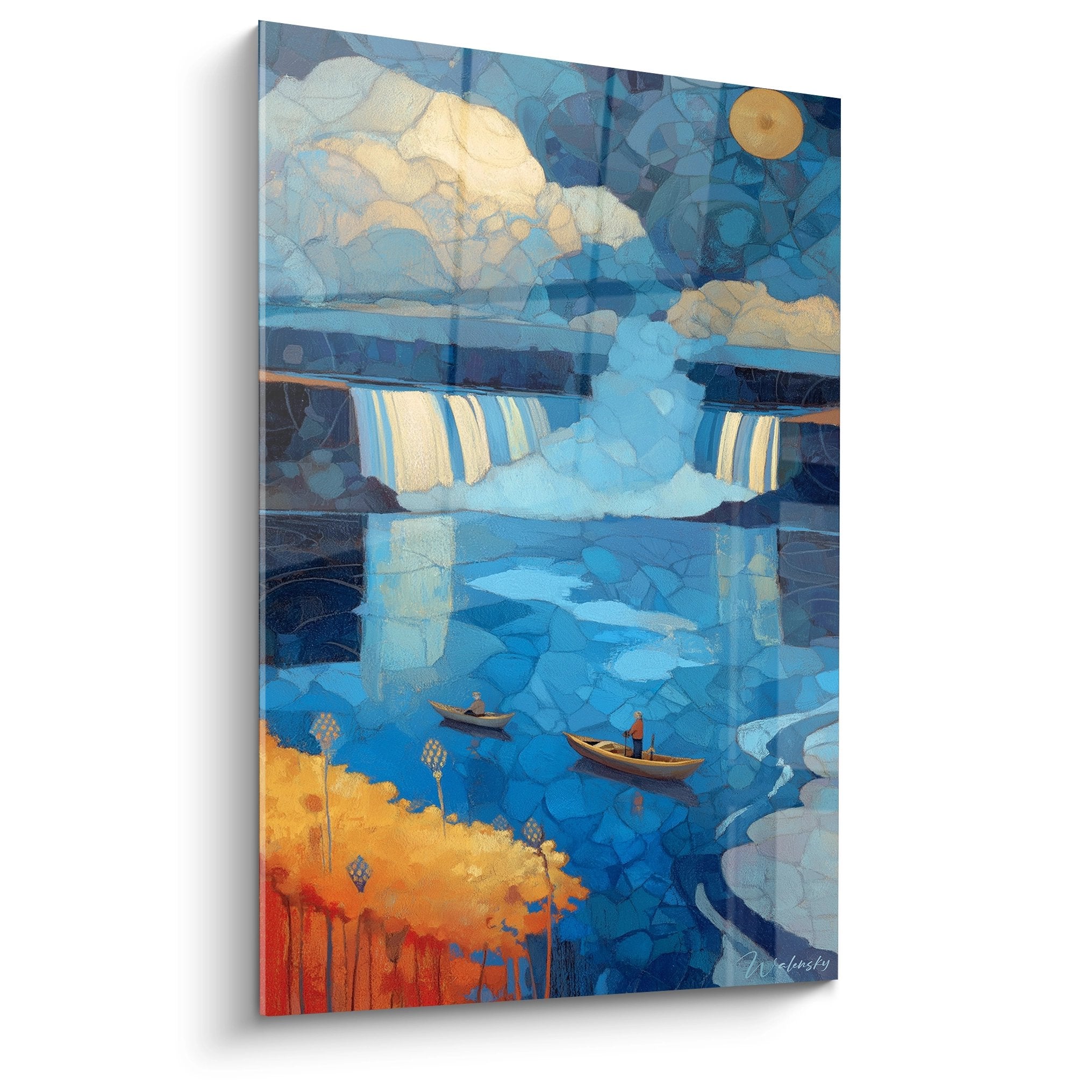 Tableau cascade stylisée moderne aux tons bleus et dorés avec chute d'eau abstraite et bateaux