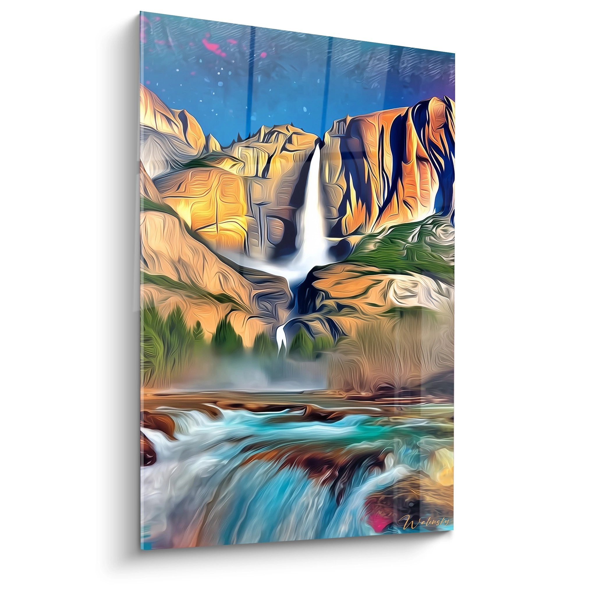 Tableau cascade stylisée dorée avec chute d'eau majestueuse entre rochers cuivrés et ciel étoilé