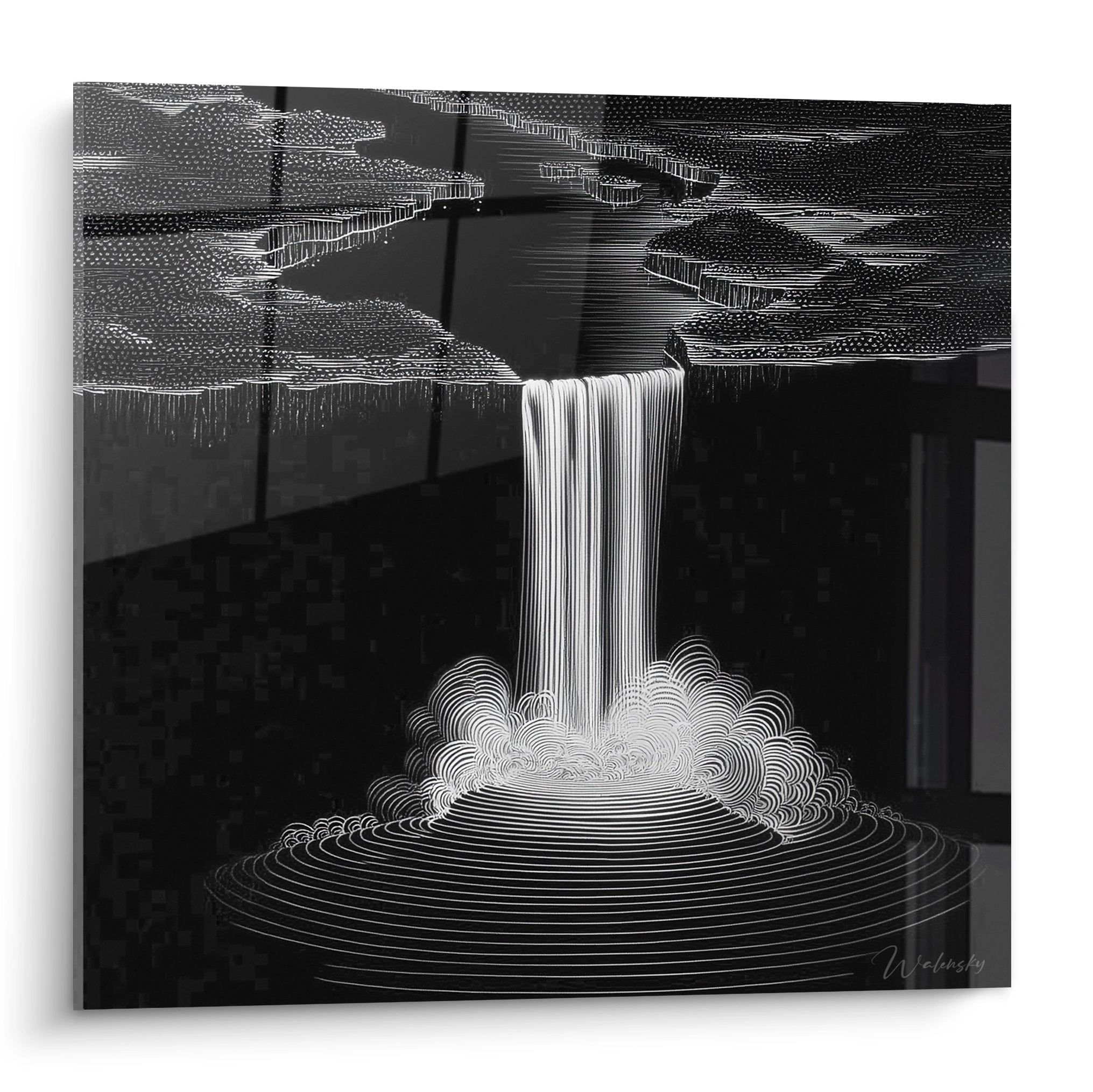 Tableau mural cascade stylisée noir et blanc, chute d'eau minimaliste design contemporain