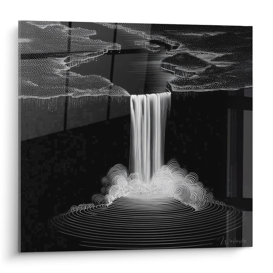 Tableau mural cascade stylisée noir et blanc, chute d'eau minimaliste design contemporain