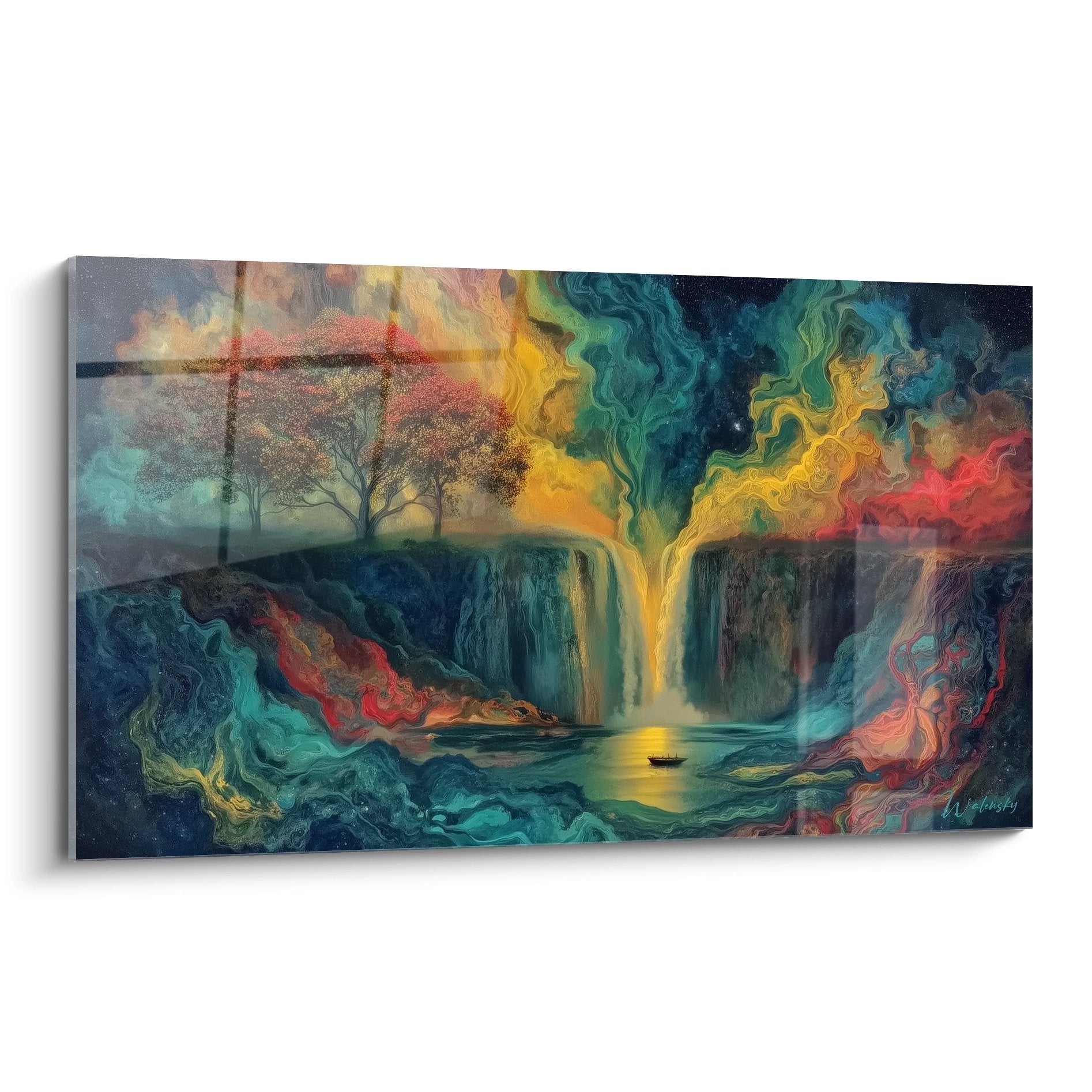 Tableau mural cascade surréaliste aux couleurs cosmiques avec arbres et ciel fantastique
