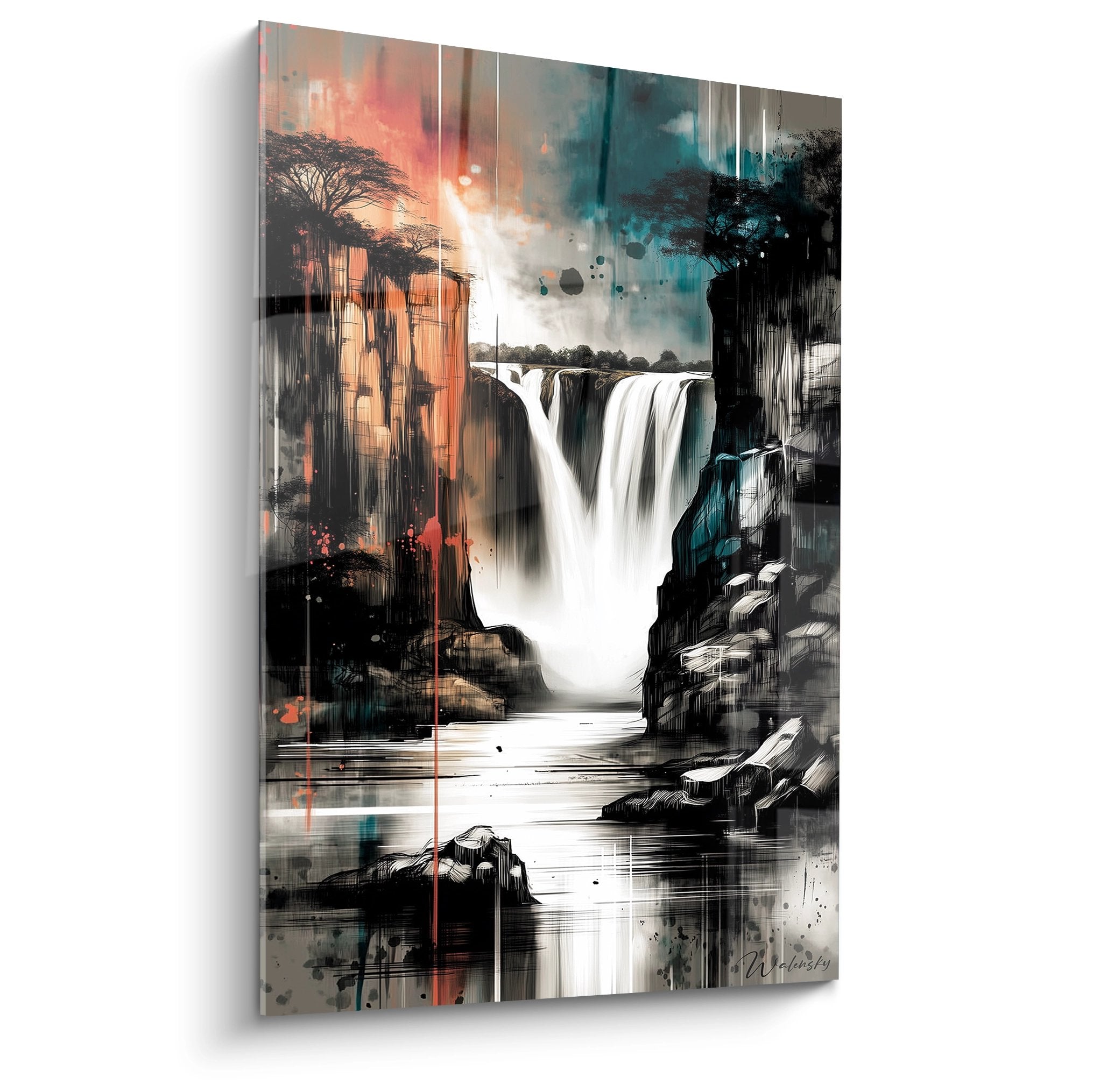 Tableau mural cascade tropicale abstraite aux couleurs orange et turquoise, art moderne décoratif