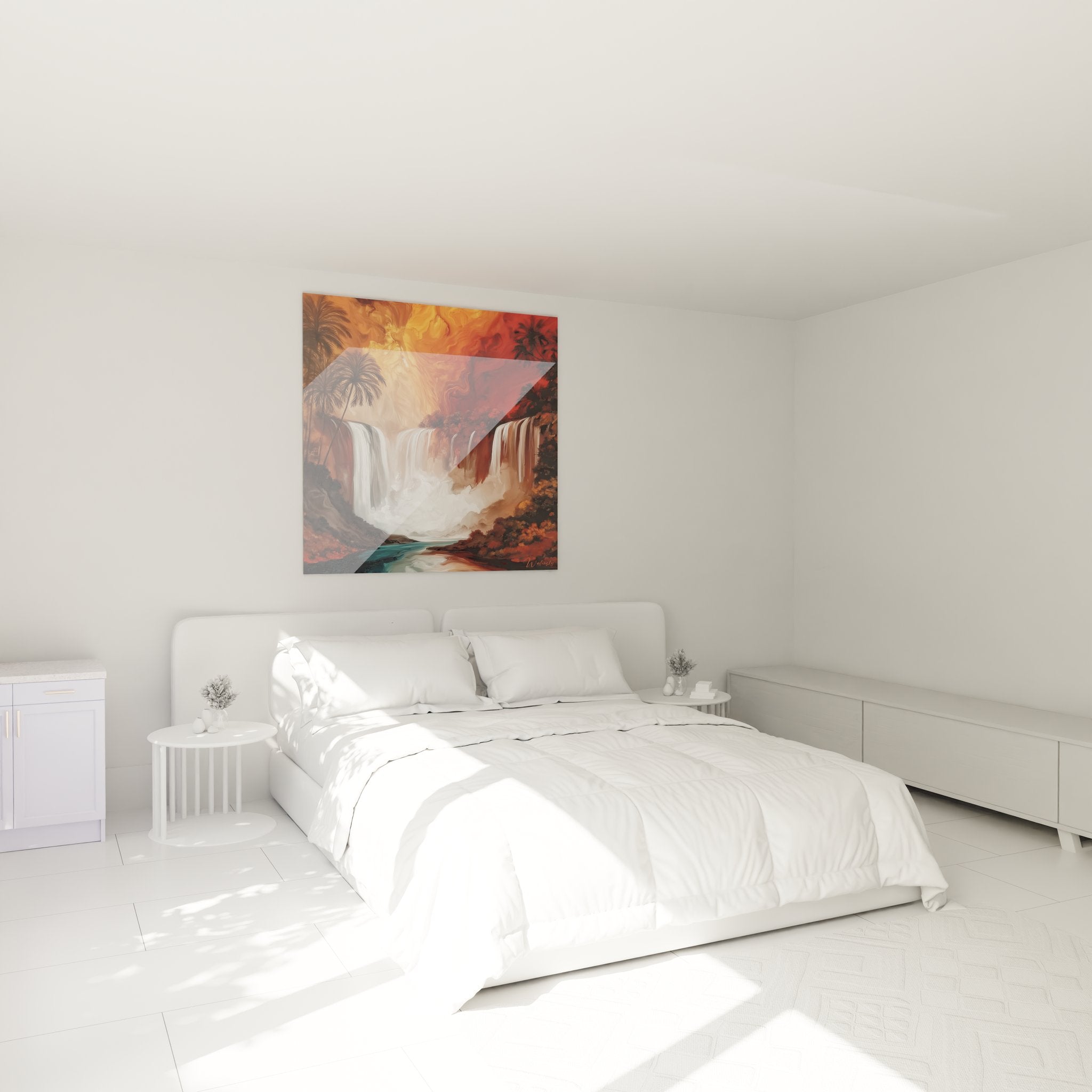 Tableau mural cascade tropicale dans chambre moderne - ambiance décorative exotique et apaisante