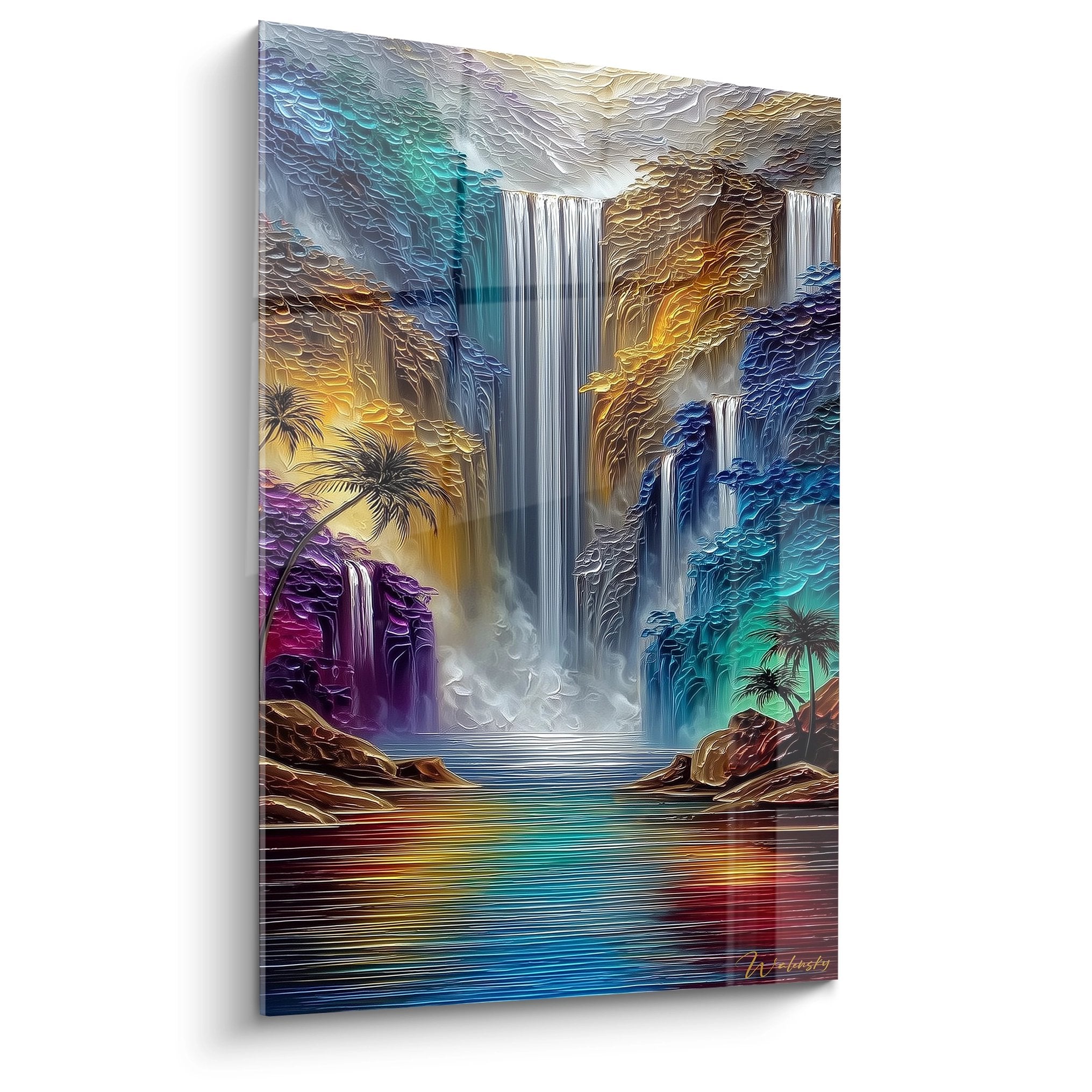 Tableau mural cascade tropicale multicolore avec palmiers et relief artistique moderne