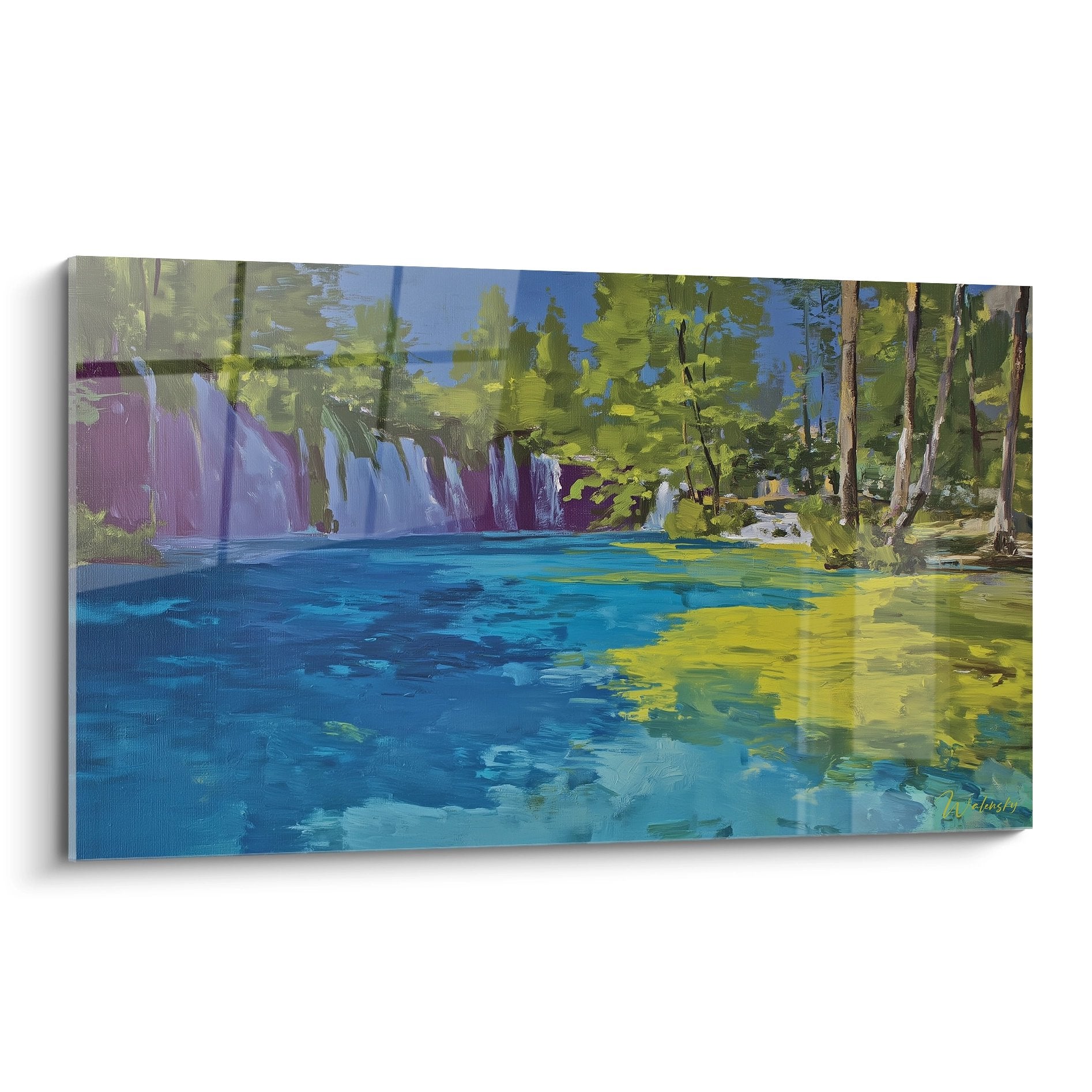 Tableau mural cascade tropicale aux eaux turquoise dans écrin de verdure luxuriante, peinture nature apaisante