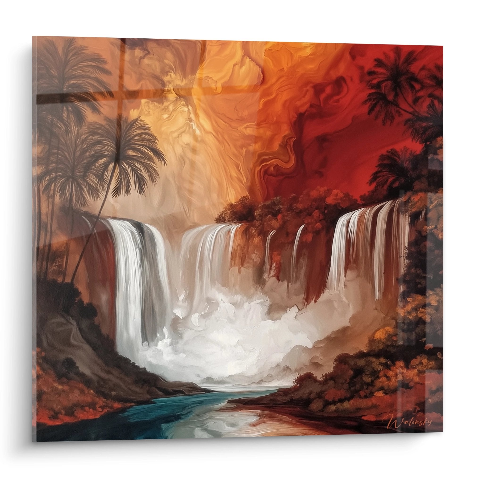 Tableau cascade tropicale paradis ardent avec palmiers et ciel flamboyant - décoration murale moderne