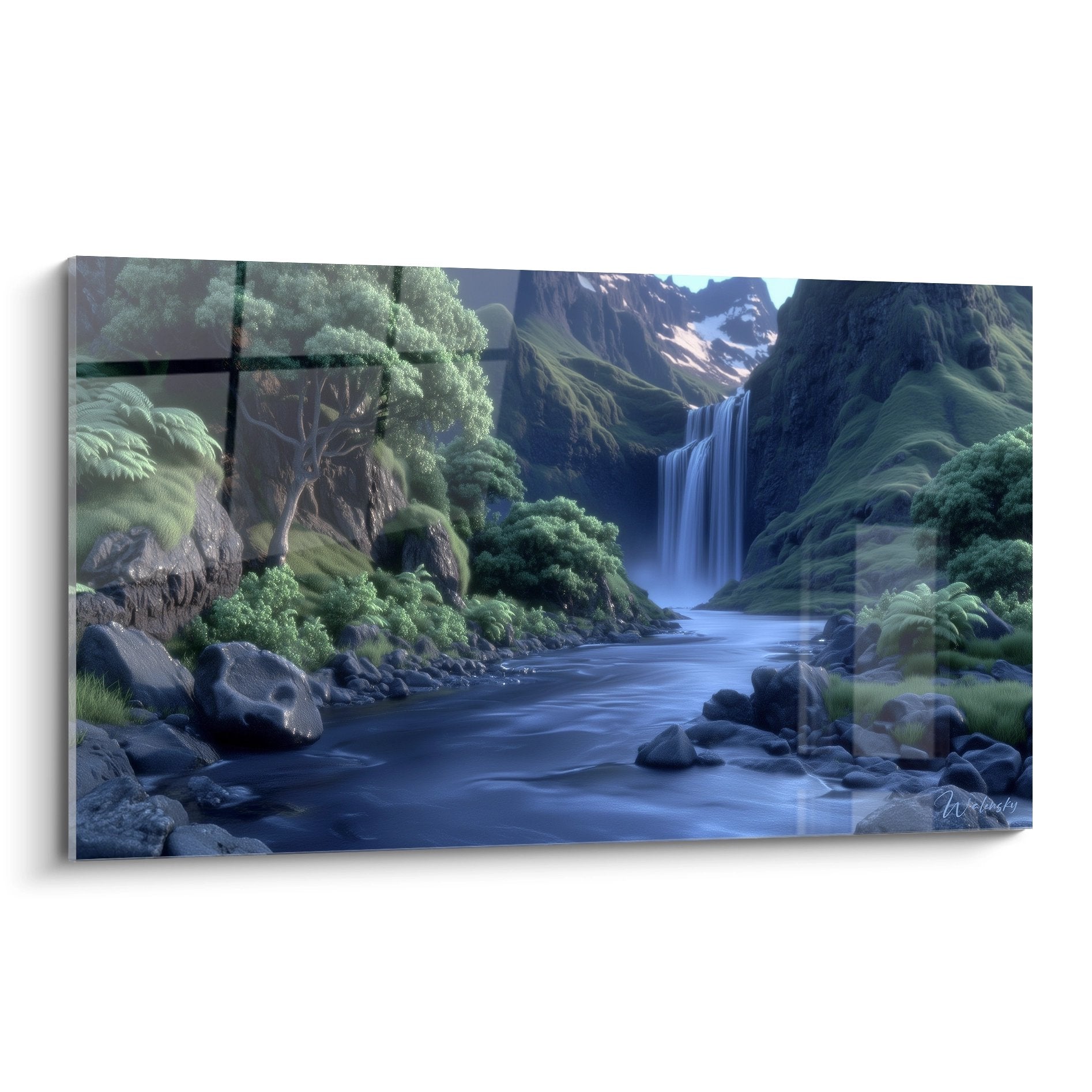 Tableau cascade tropicale avec rivière et végétation luxuriante, décoration murale nature apaisante