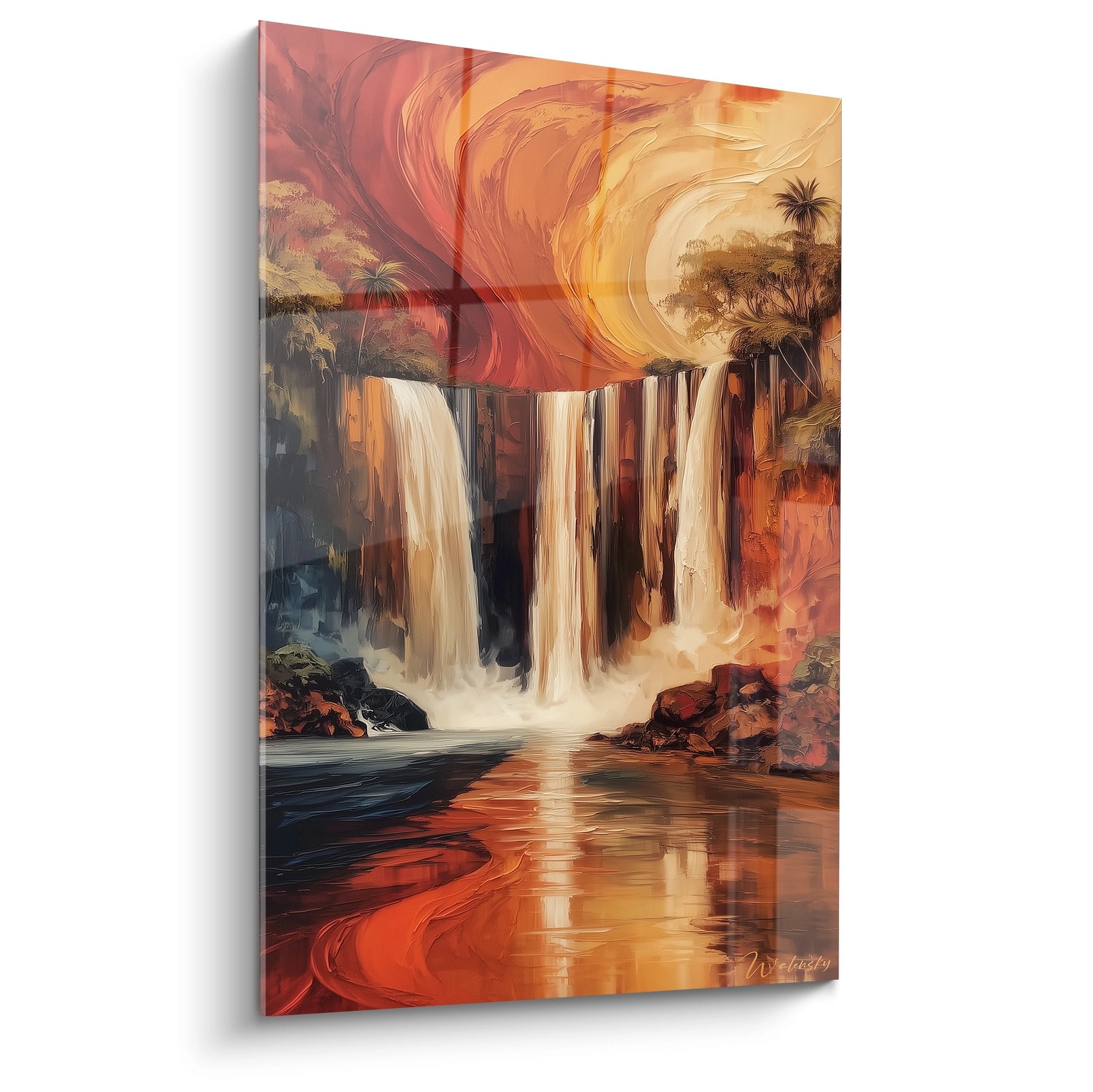 Tableau cascade tropicale aux tons orangés avec chutes d'eau et végétation luxuriante
