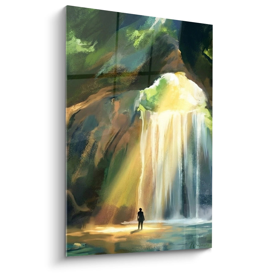 Tableau Cascade Tropicale aux Tons Verts et Dorés avec Silhouette - Sérénité Balinaise - Edition Bali