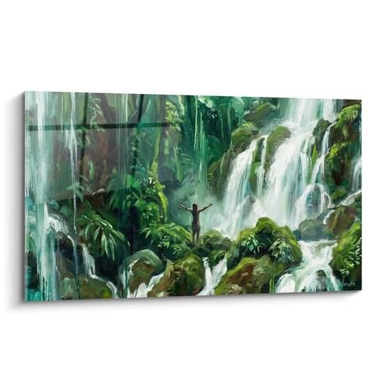 Tableau cascade tropicale aux tons verts émeraude avec silhouette contemplative - Communion avec la nature - Edition Bali