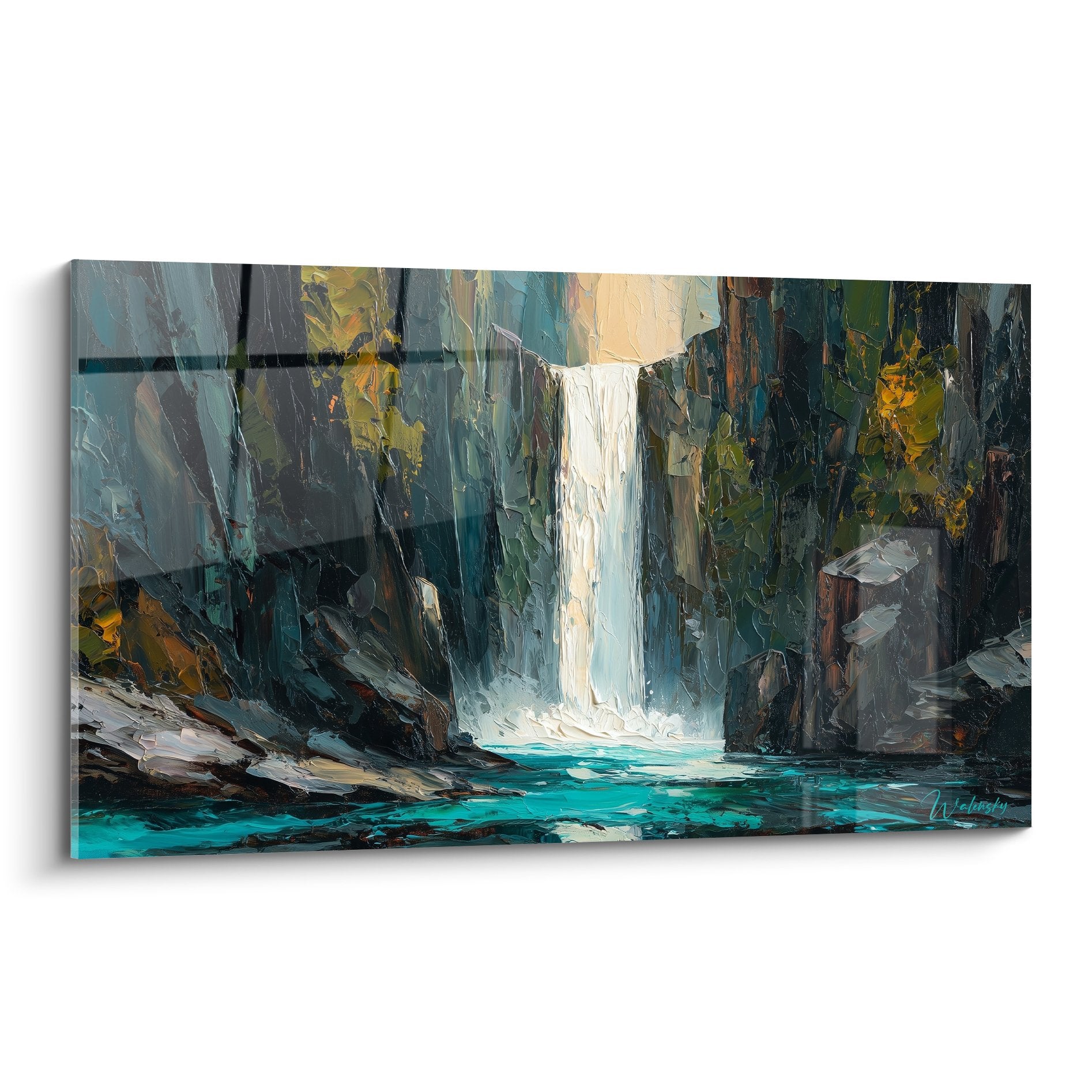 Turquoise waterfall artwork bursting between grey rocky cliffs in a calming natural feng shui landscape