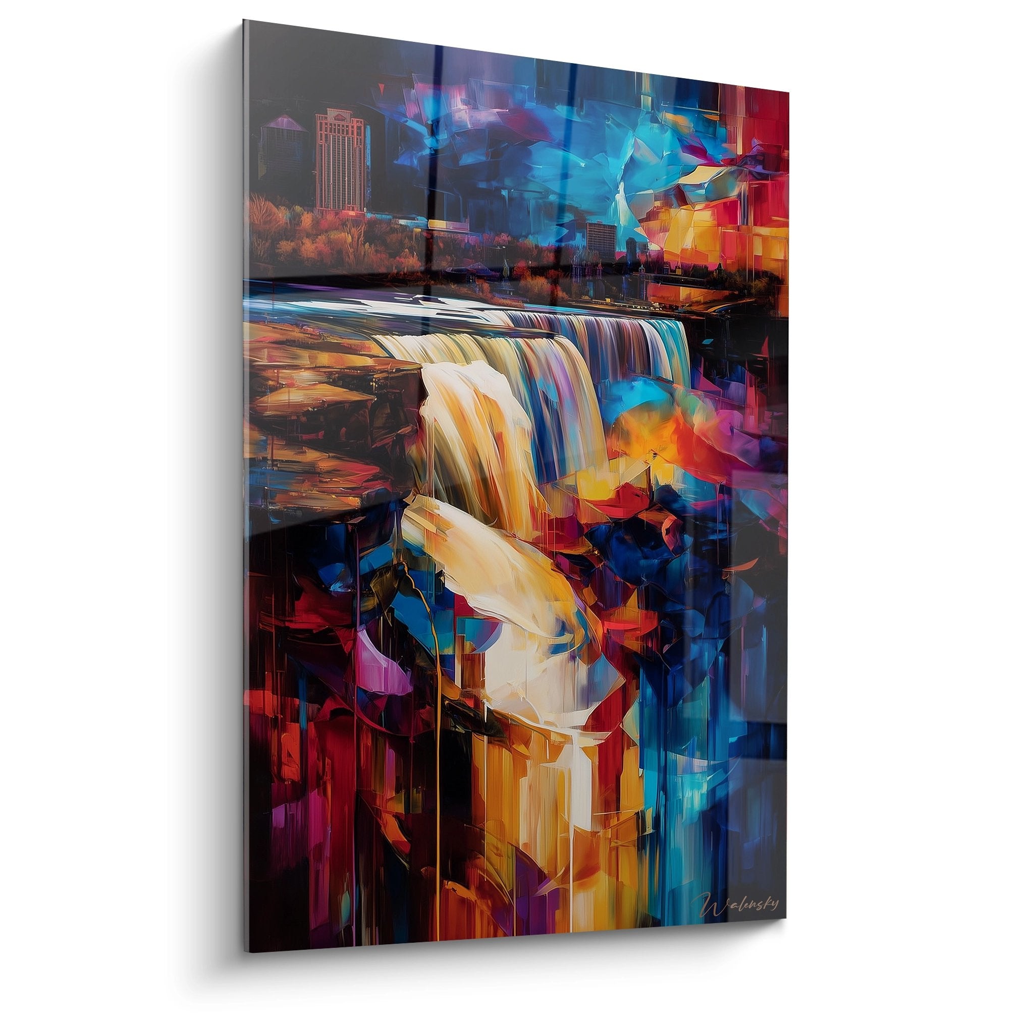 Tableau mural cascade urbaine abstraite aux couleurs vibrantes avec gratte-ciels et chutes d'eau colorées