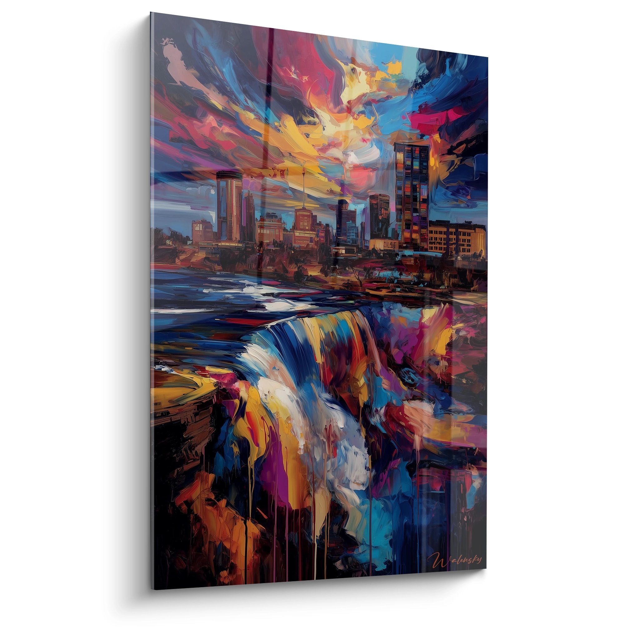 Tableau cascade urbaine colorée avec skyline métropolitaine et couleurs vives abstraites