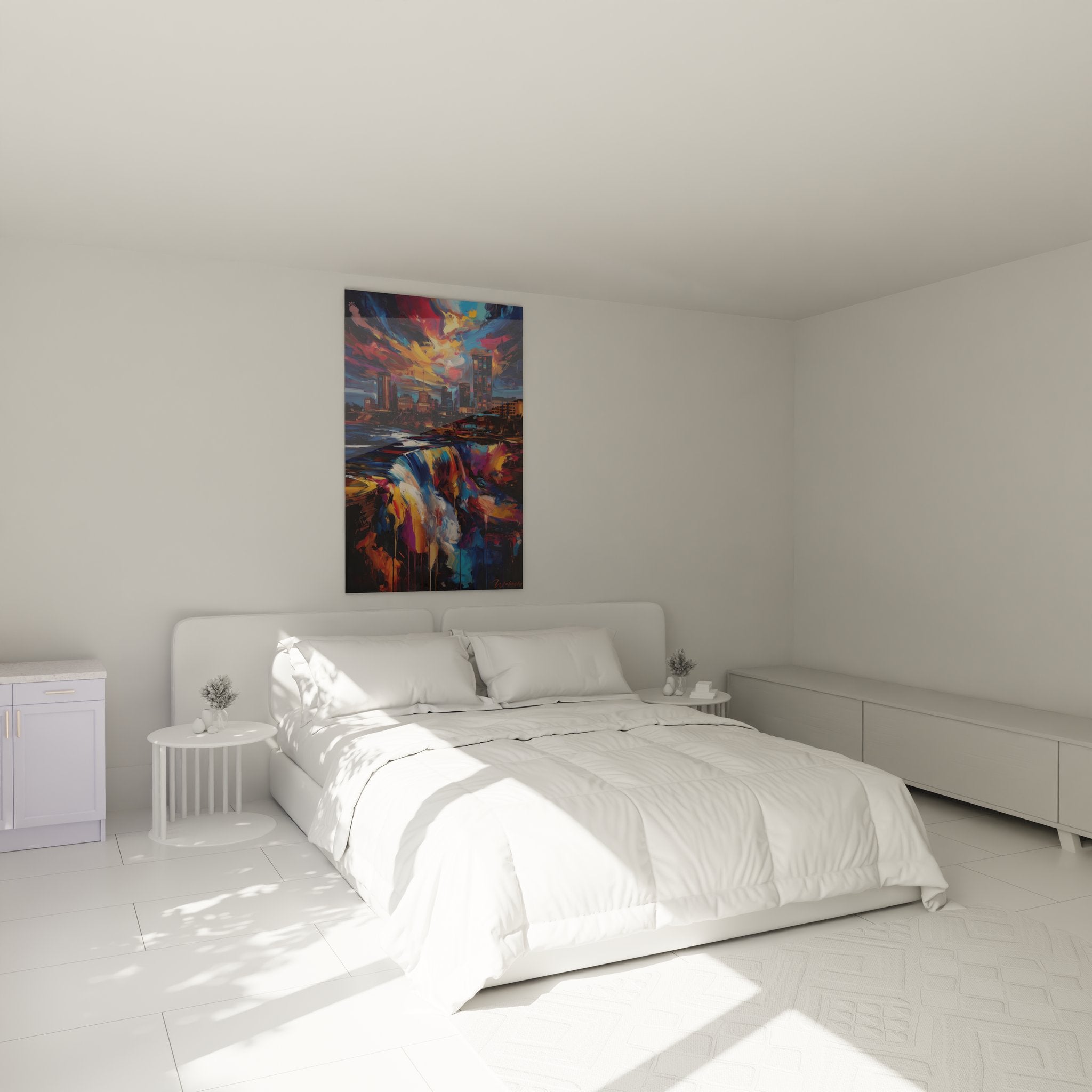 Tableau cascade urbaine moderne décorant élégamment une chambre contemporaine
