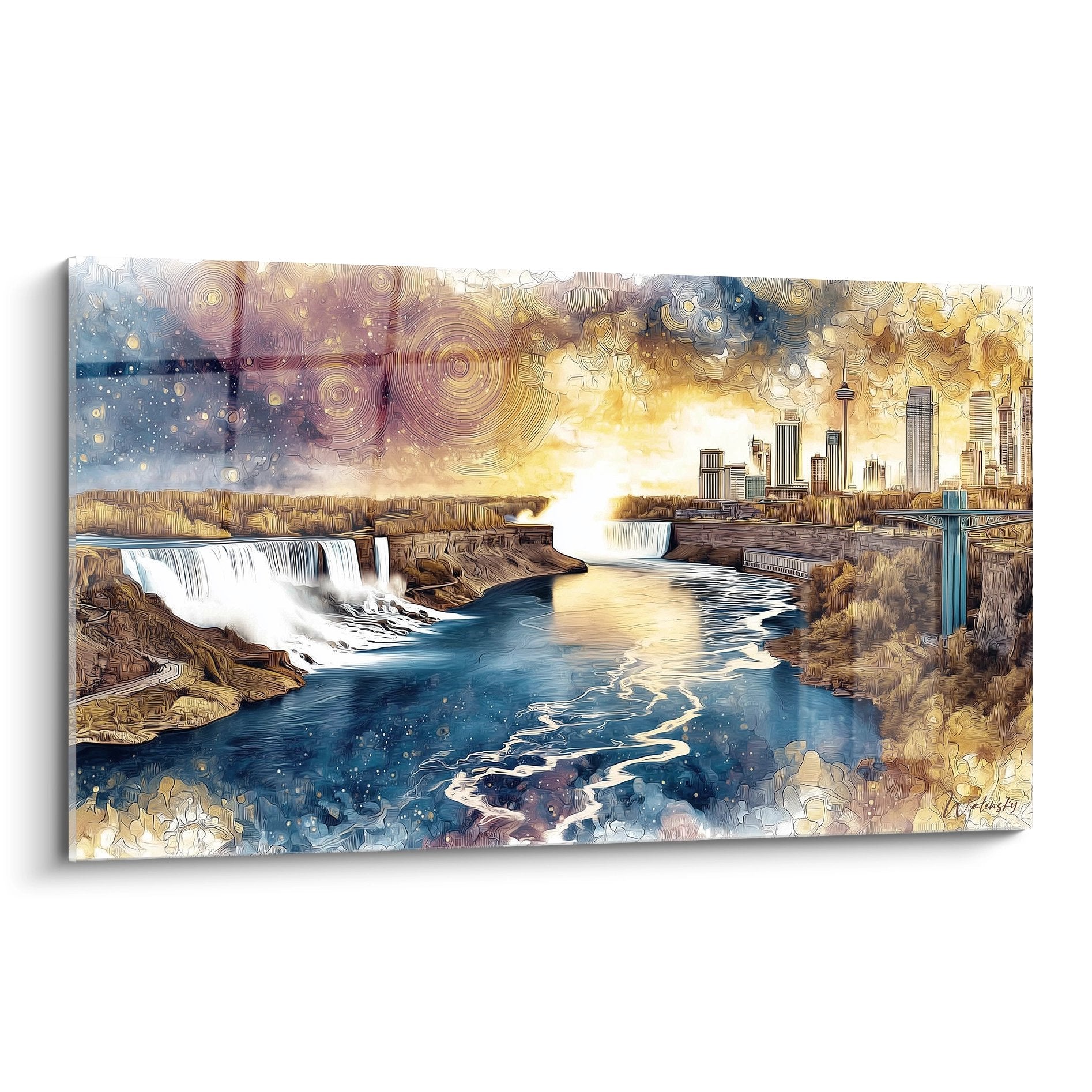 Tableau mural cascade urbaine fantastique avec ciel cosmique doré et ville moderne, art décoratif unique