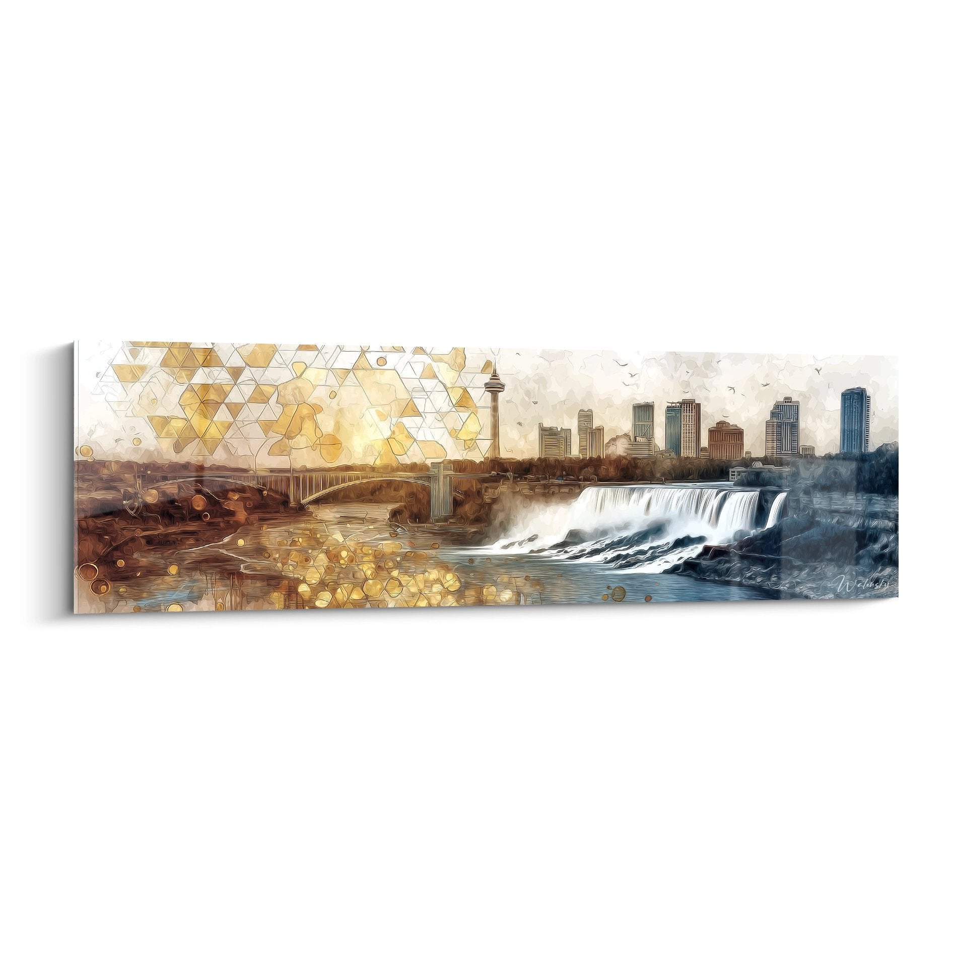 Tableau cascade urbaine avec motifs géométriques dorés et skyline moderne