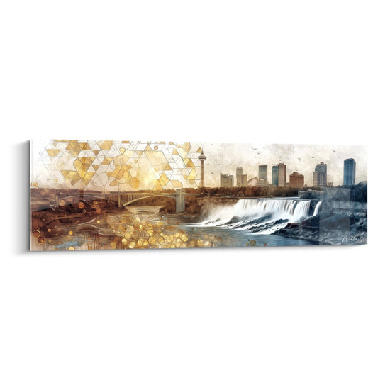 Tableau cascade urbaine avec motifs géométriques dorés et skyline moderne