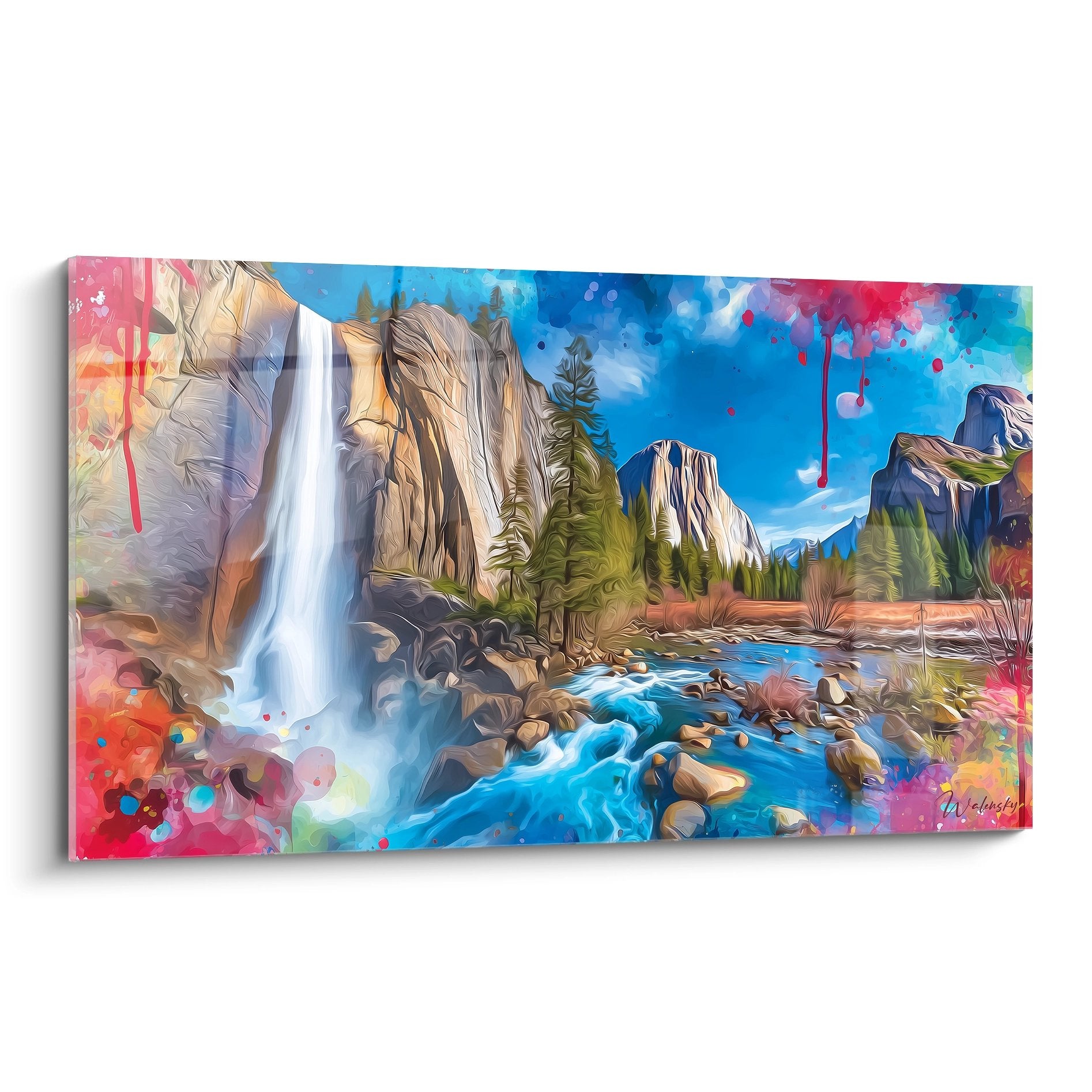 Tableau cascade vallée Yosemite style artistique coloré avec chute d'eau et montagnes rocheuses