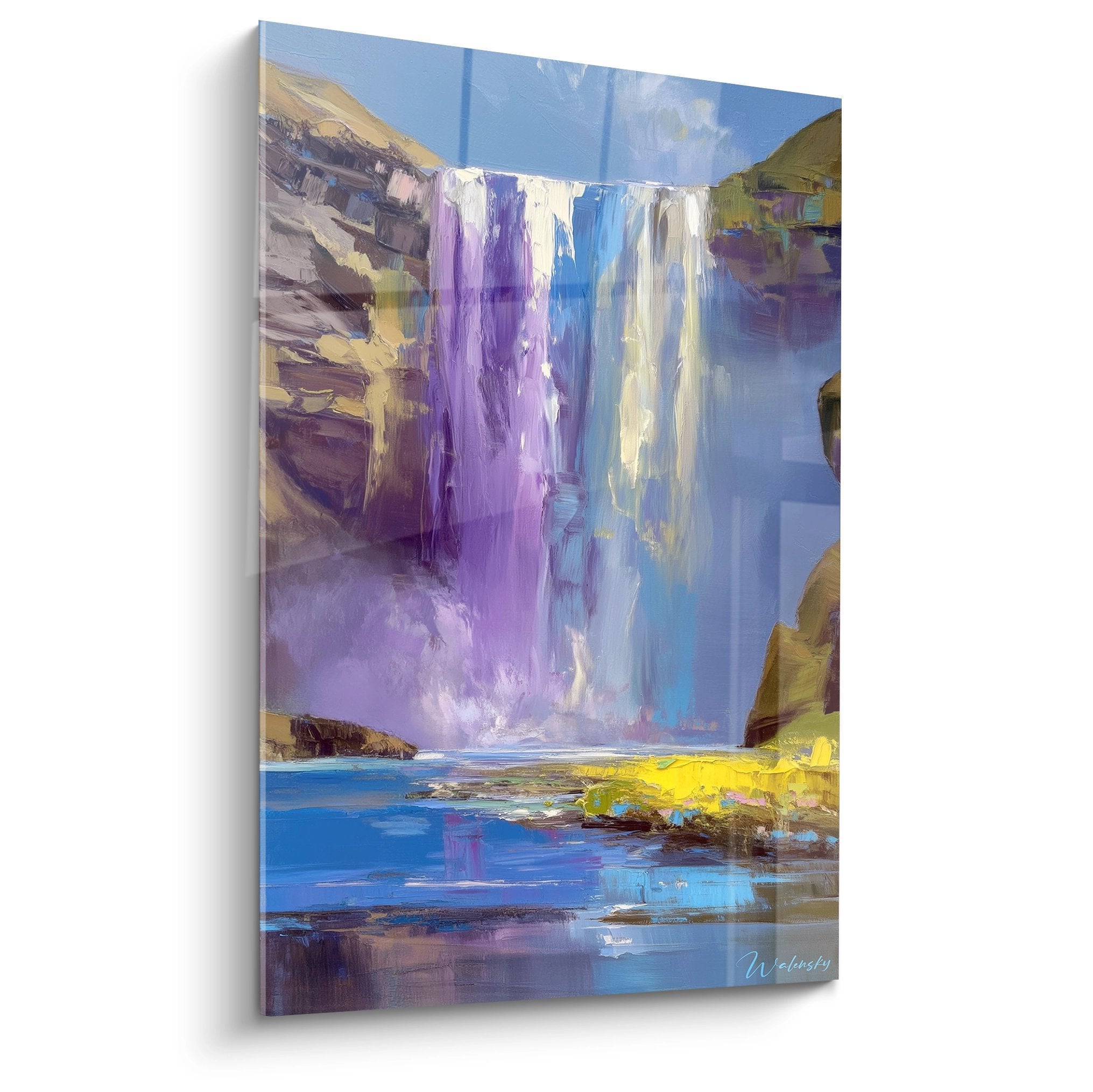 Tableau mural cascade violette et bleue, chute d'eau fantastique entre falaises dorées, art moderne coloré