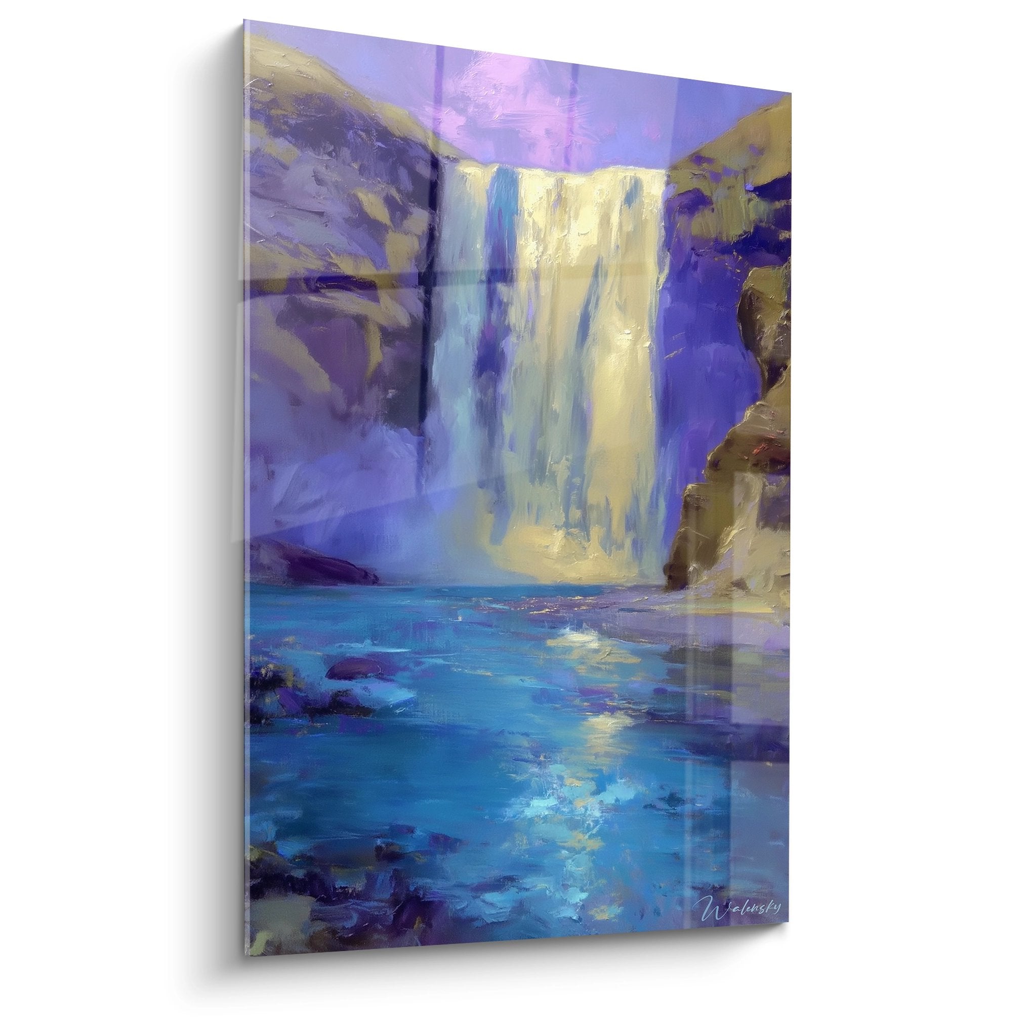 Tableau cascade violette et dorée avec chute d'eau mystique et bassin turquoise