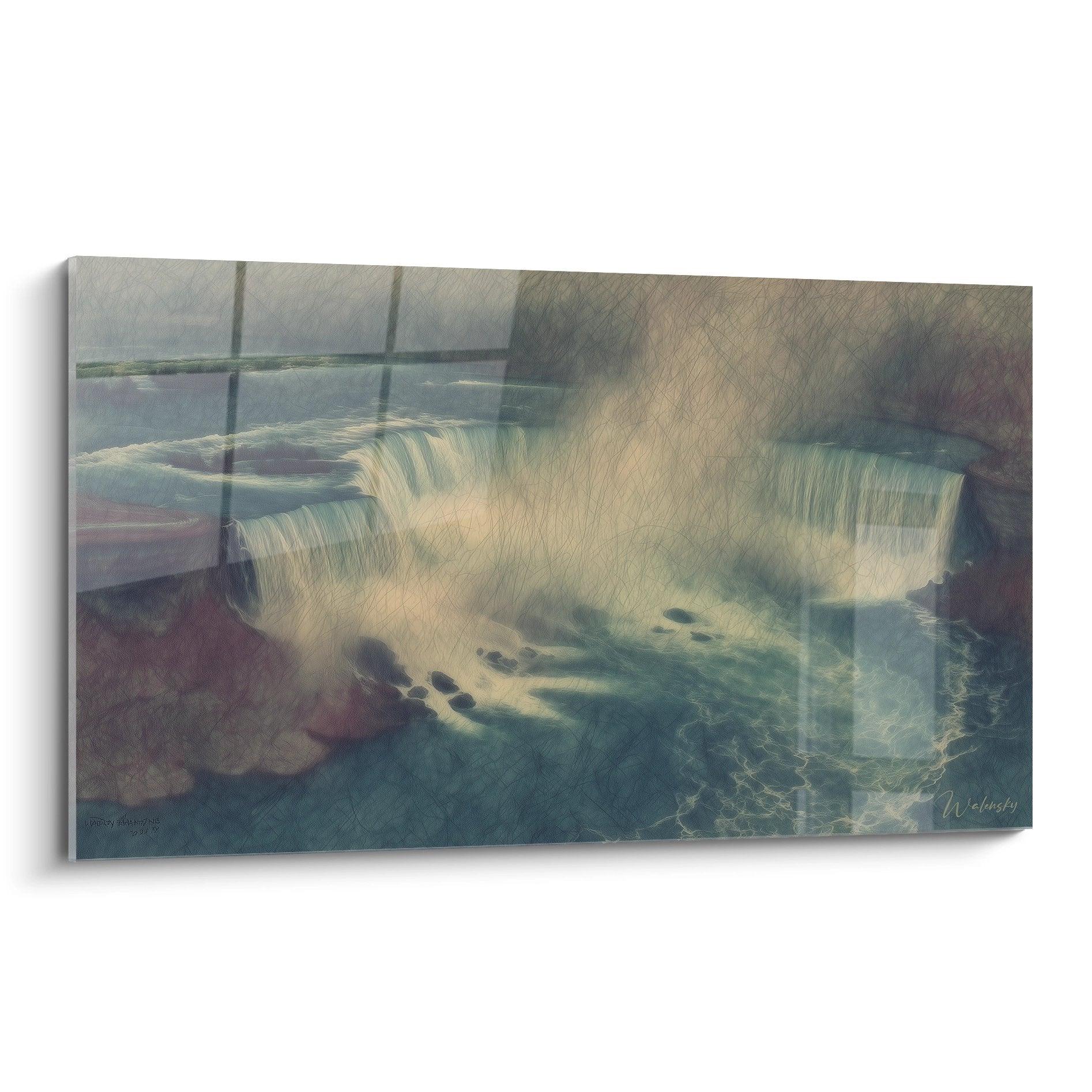 Tableau cascade voilée de brume aux tons bleus et dorés, art mural nature zen pour décoration intérieure apaisante