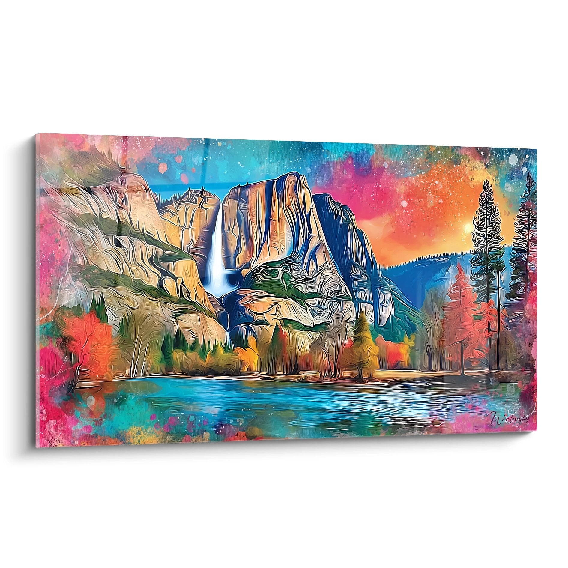 Tableau cascade colorée style artistique avec falaises et forêt aux couleurs vives