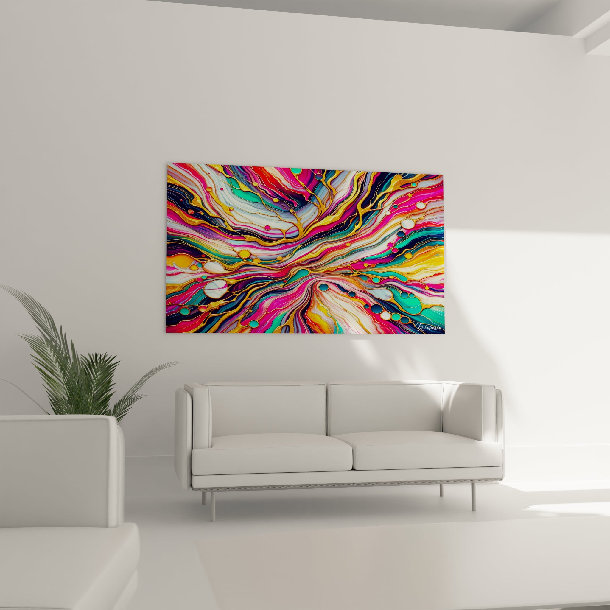 Tableau abstrait figurant des vagues colorées avec bordures dorées. Gamme de couleurs éclatantes alliant magenta, cyan, jaune soleil et violet avec accents métalliques. Texture laquée combinant strates fluides et formations circulaires. Motif dynamique de courants entrecroisés créant un effet de profondeur et de mouvement.
