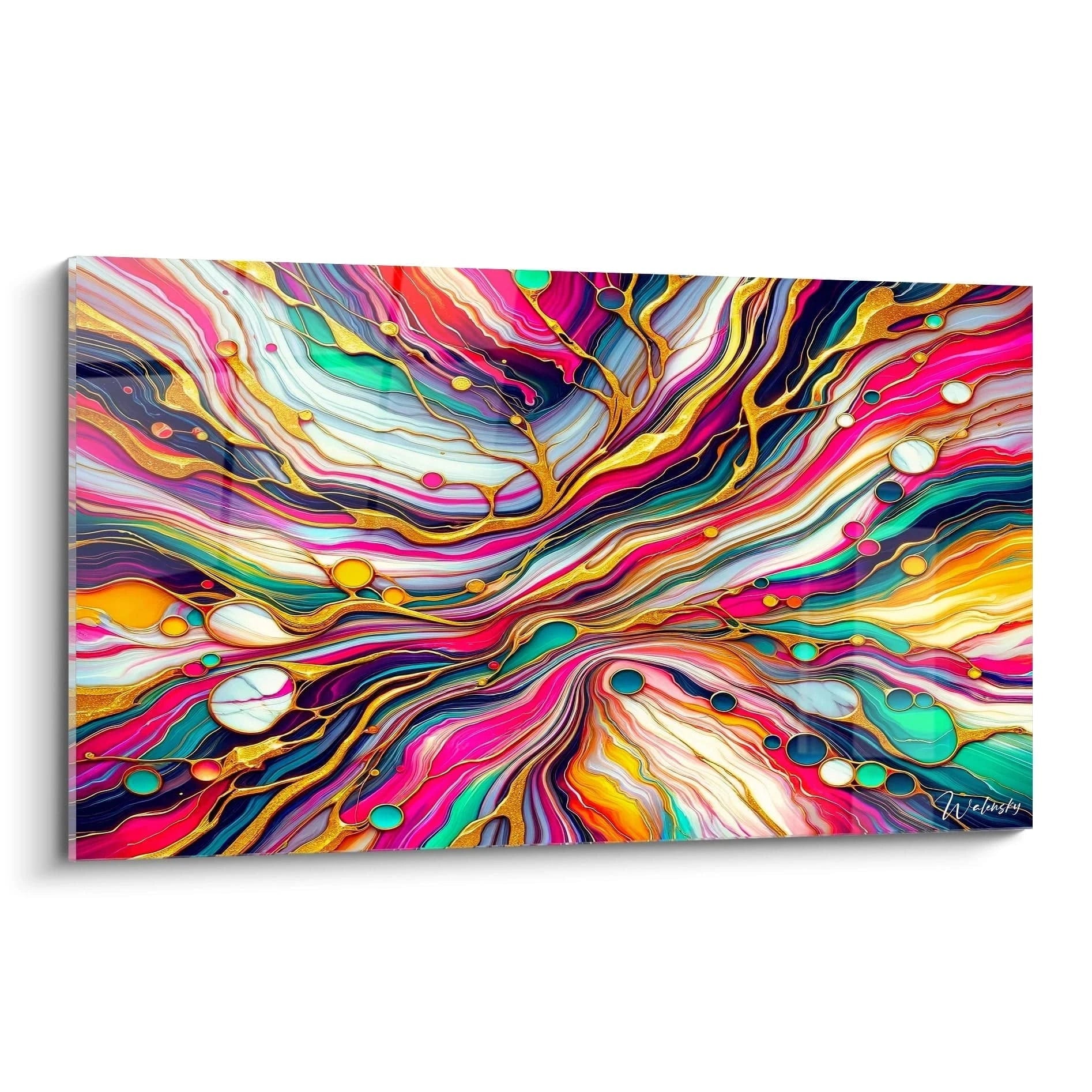 Tableau abstrait représentant des flux marbrés multicolores entrelacés. Palette vibrante de rose fuchsia, turquoise, jaune doré et bleu marine avec veines dorées. Texture lisse et brillante évoquant des couches de résine colorée. Composition fluide avec cercles de couleurs variées distribués parmi les courants sinueux.
