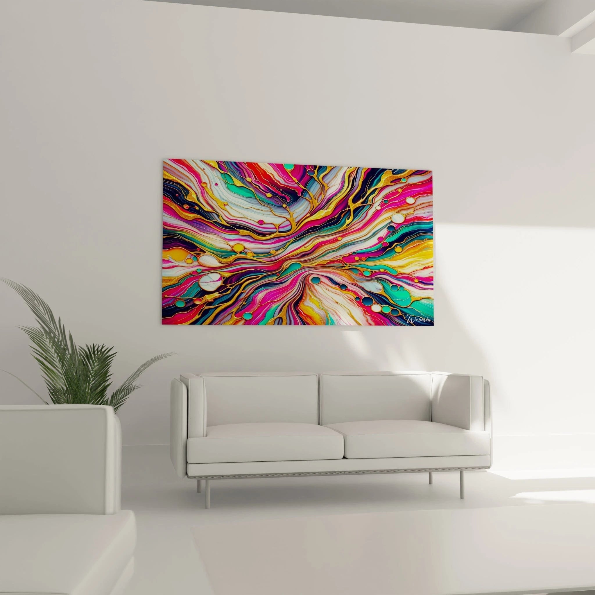 Tableau abstrait figurant des vagues colorées avec bordures dorées. Gamme de couleurs éclatantes alliant magenta, cyan, jaune soleil et violet avec accents métalliques. Texture laquée combinant strates fluides et formations circulaires. Motif dynamique de courants entrecroisés créant un effet de profondeur et de mouvement.
