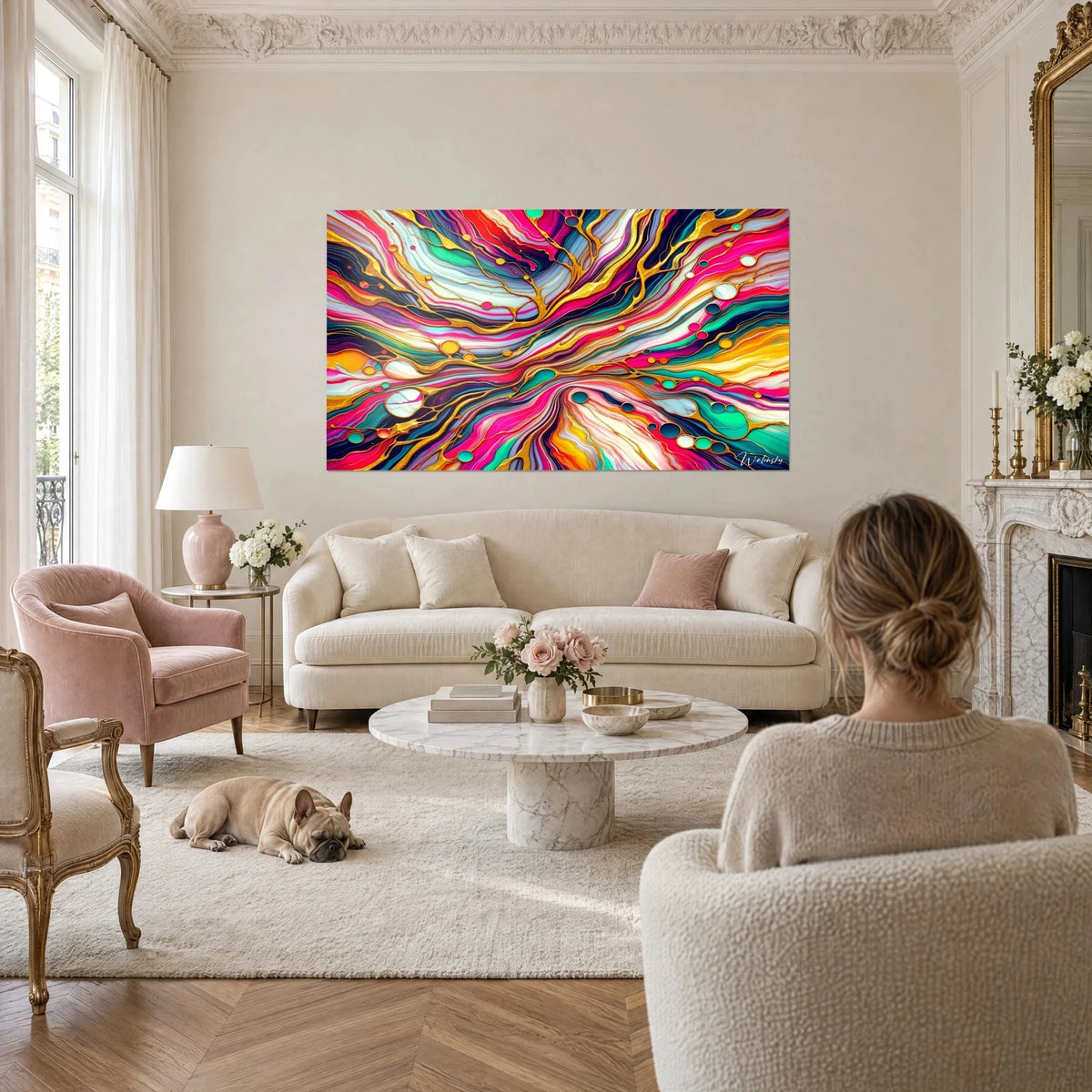 Wall art with fuchsia pink and turquoise marbled veins and brilliant gold lines, hanging above a sofa in a bright living room
