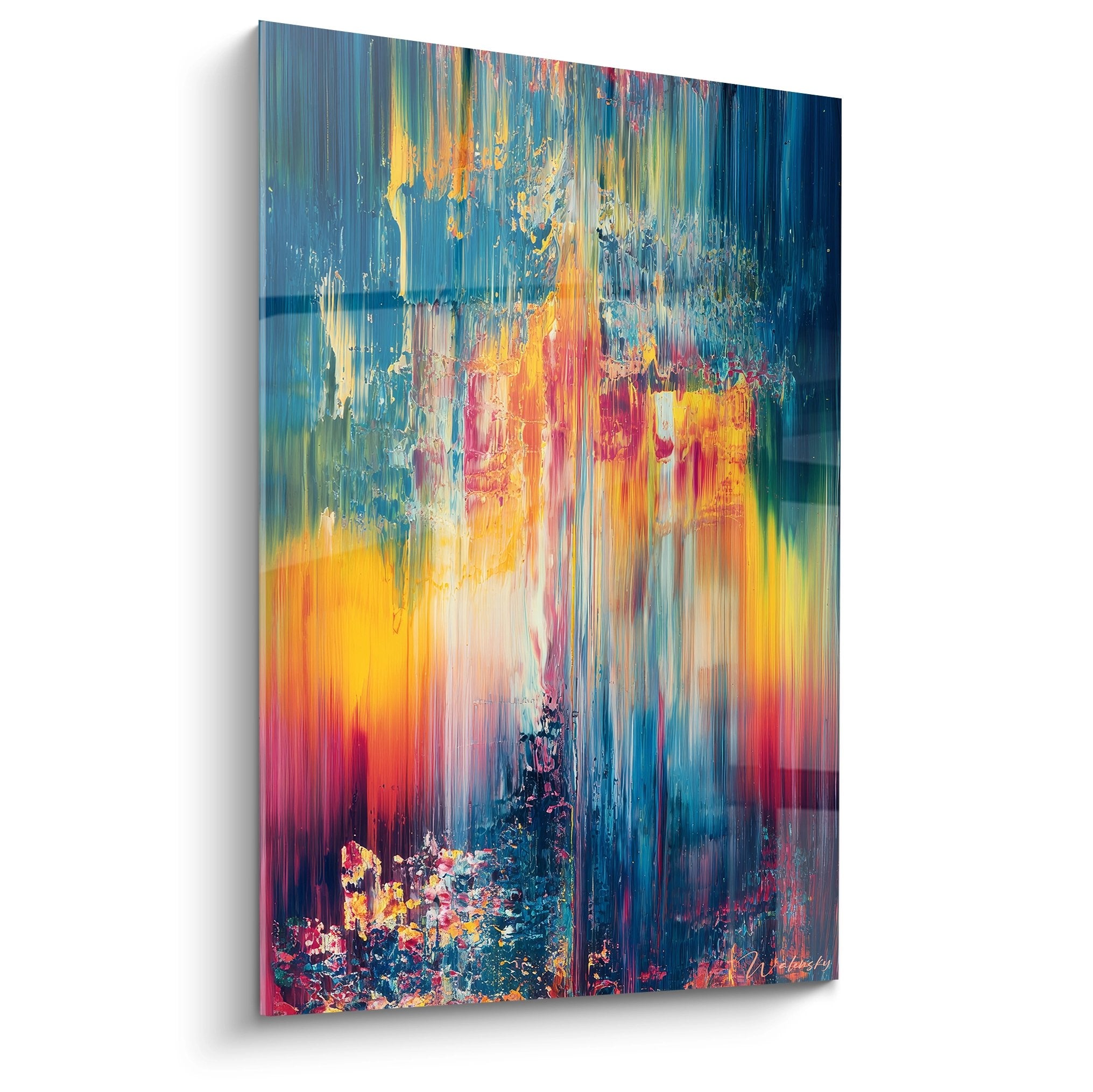 Tableau mural cascades colorées abstraites style raclé aux tons bleus orange et jaunes