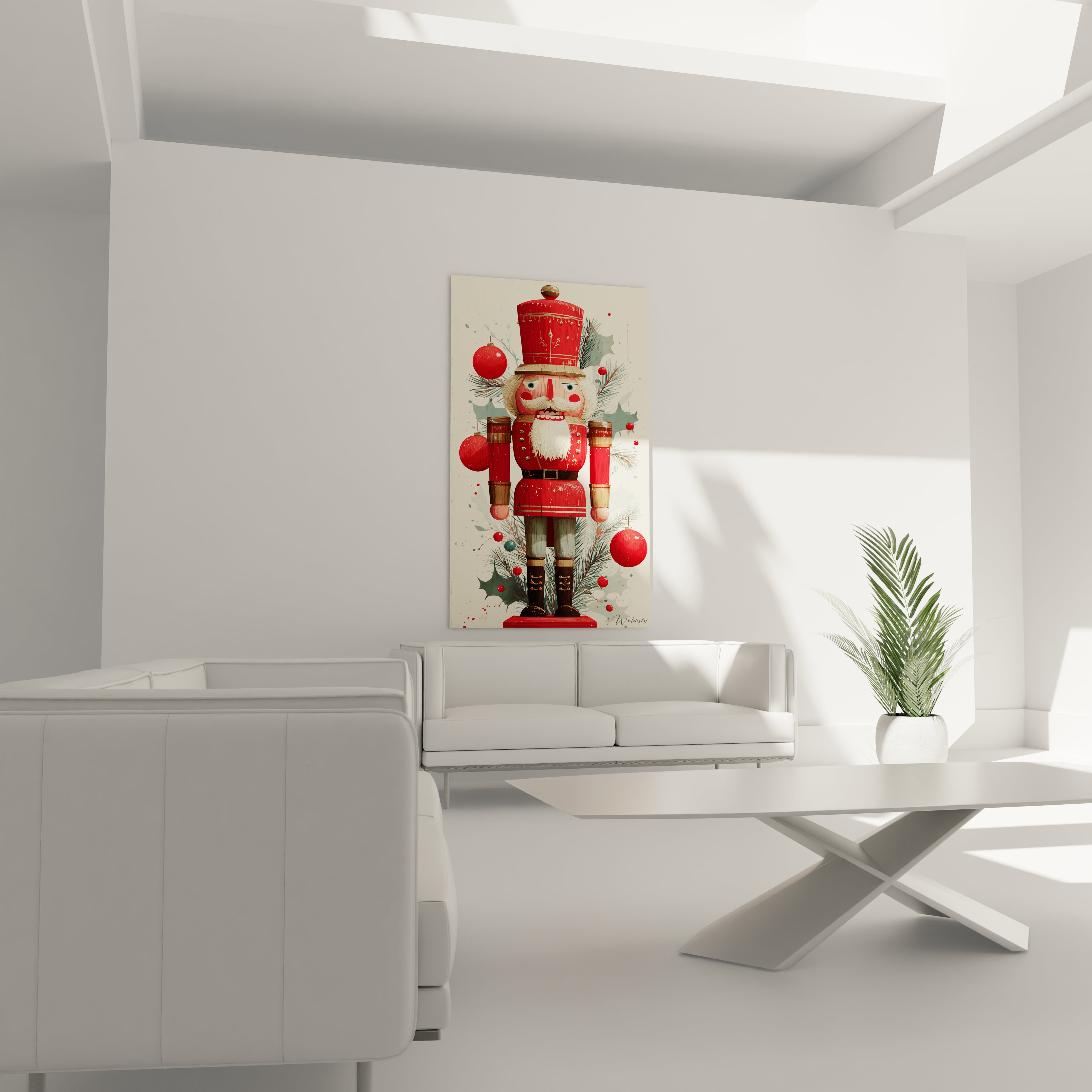 Tableau casse-noisette Noël sur mur blanc dans un salon moderne avec meubles minimalistes