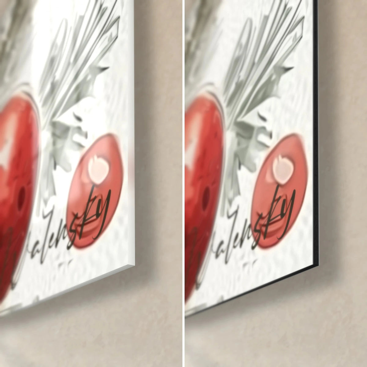 Quadro statuina natalizia ad acquerello, pallina rossa lucida e ramo di abete verde pallido, angolo in vetro e Dibond nero opaco