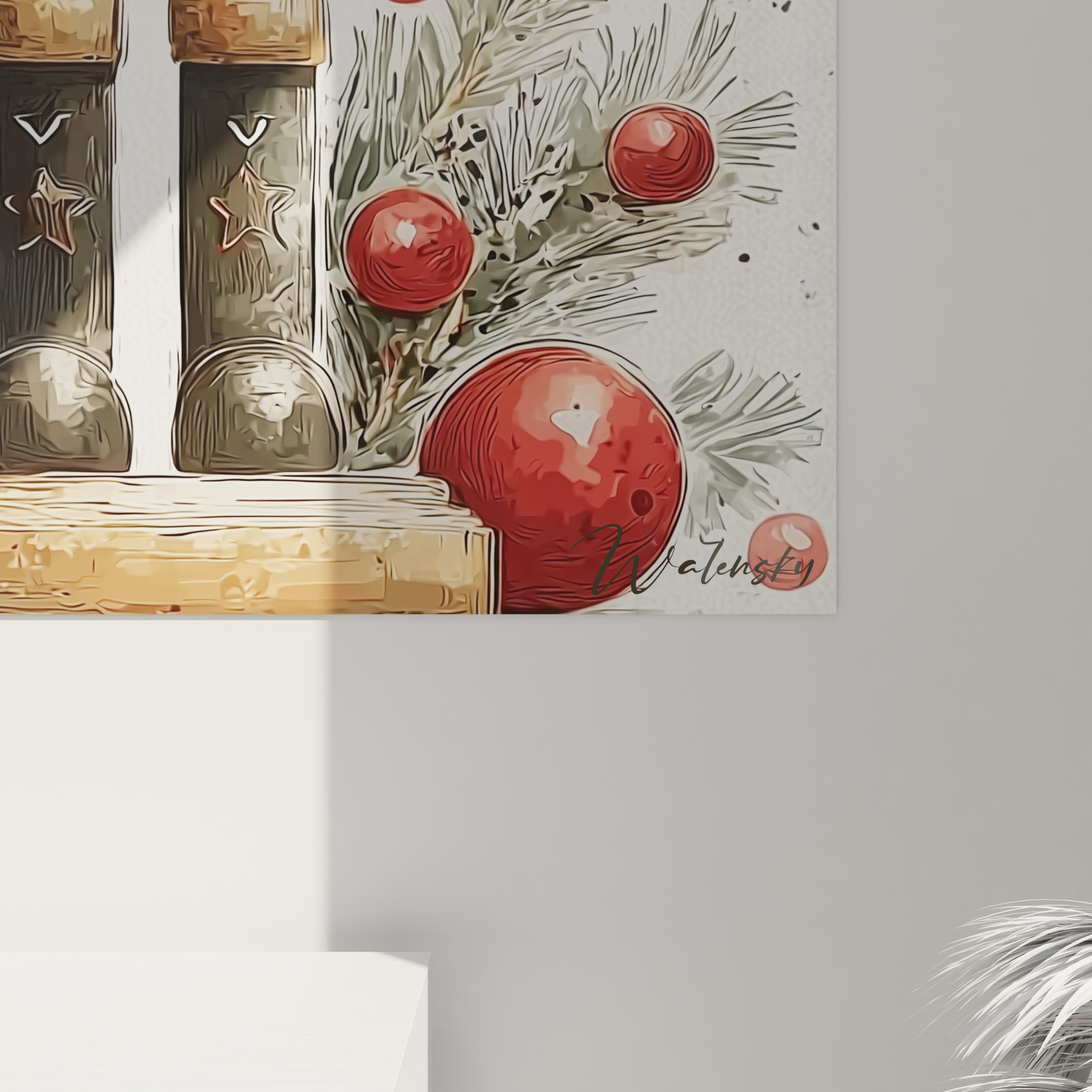 Tableau mural casse-noisette Noël avec des décorations festives et des couleurs vives