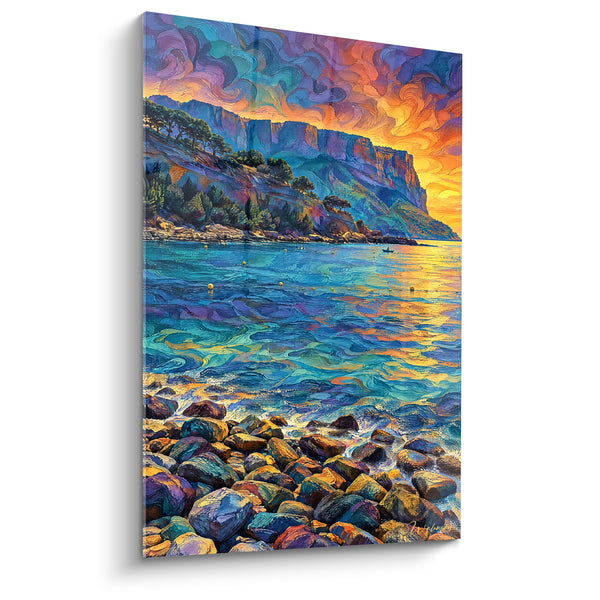 Tableau Calanque turquoise au ciel orangé flamboyant - Embrasement du littoral - Edition Cassis Provence-Alpes-Côte d'Azur France
