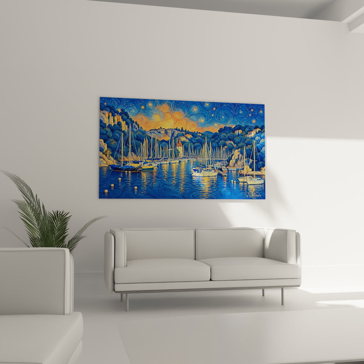 Gemälde Hafen von Cassis bei Nacht, goldene Masten und weiße Rümpfe auf kobaltblauem Wasser, Dreiviertelansicht, Küstenhaus