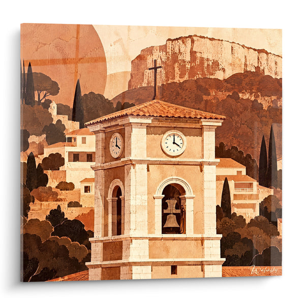 Schilderij Provençaals Klokkentoren in Oker- en Bruintinten - Schemering - Editie Cassis Provence-Alpes-Côte d'Azur Frankrijk