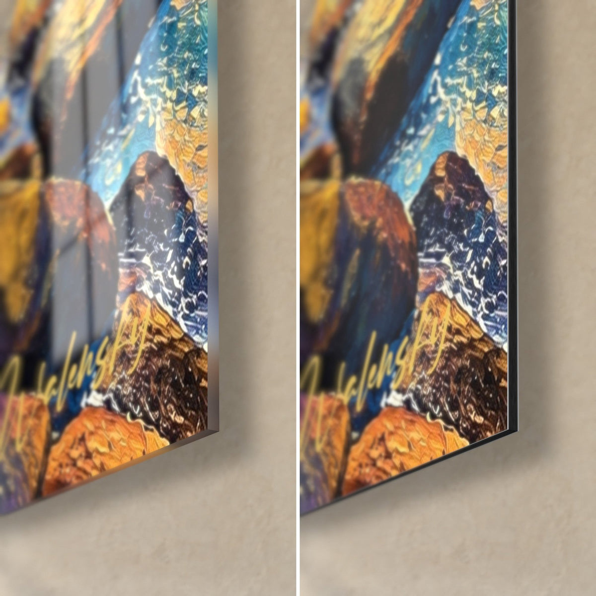 Wall art of mauve and ochre pebbles washed by turquoise foam, bottom right corner: glossy acrylic glass and matte Dibond aluminium, 3 mm edge