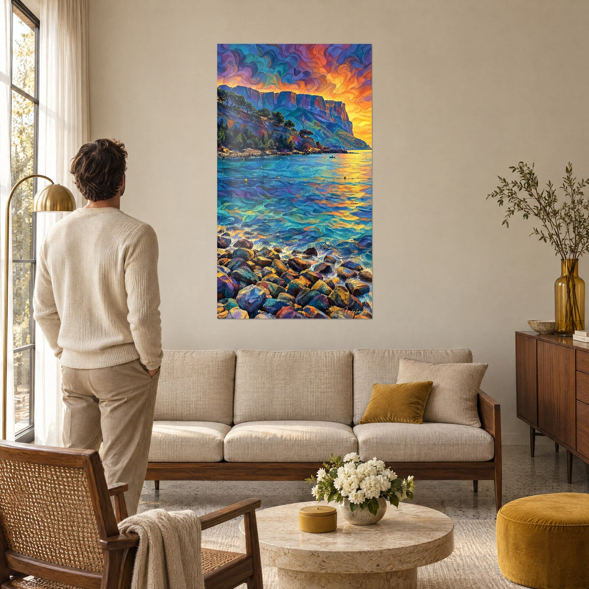 Wall art of a violet limestone cliff overlooking a turquoise cove under an orange sky, above a sofa in a bright living room