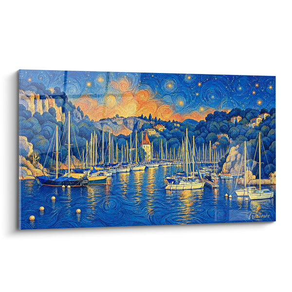 Tableau Calanque bleue aux voiliers dorés - Nuit sur le port - Edition Cassis Provence-Alpes-Côte d'Azur France