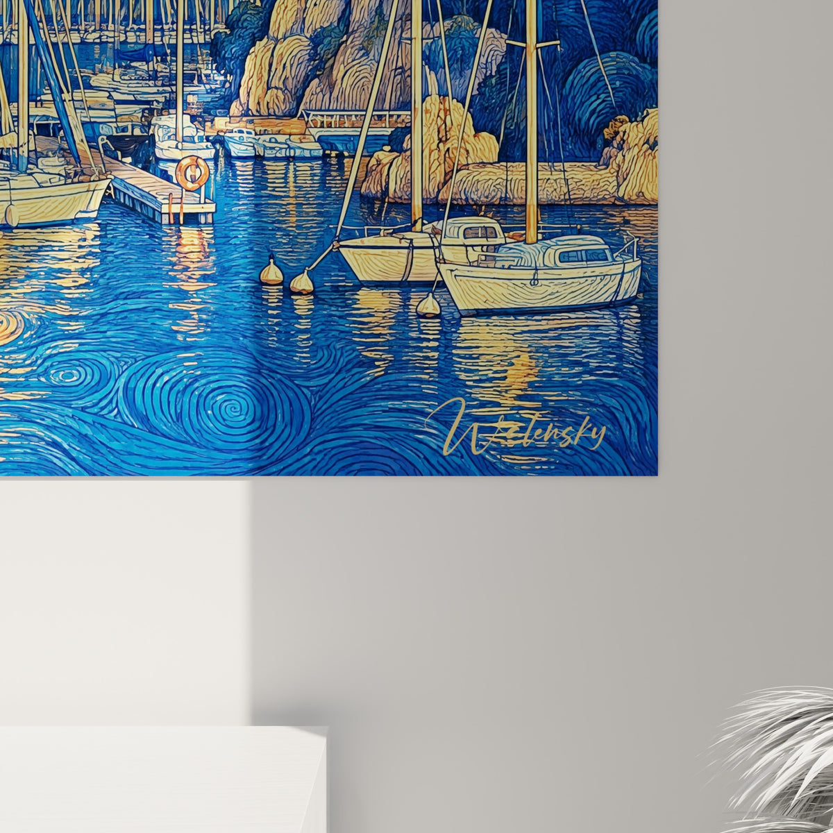 Détail des spirales dorées et du grain pictural bleu profond représentant l'eau et le ciel étoilé du port
