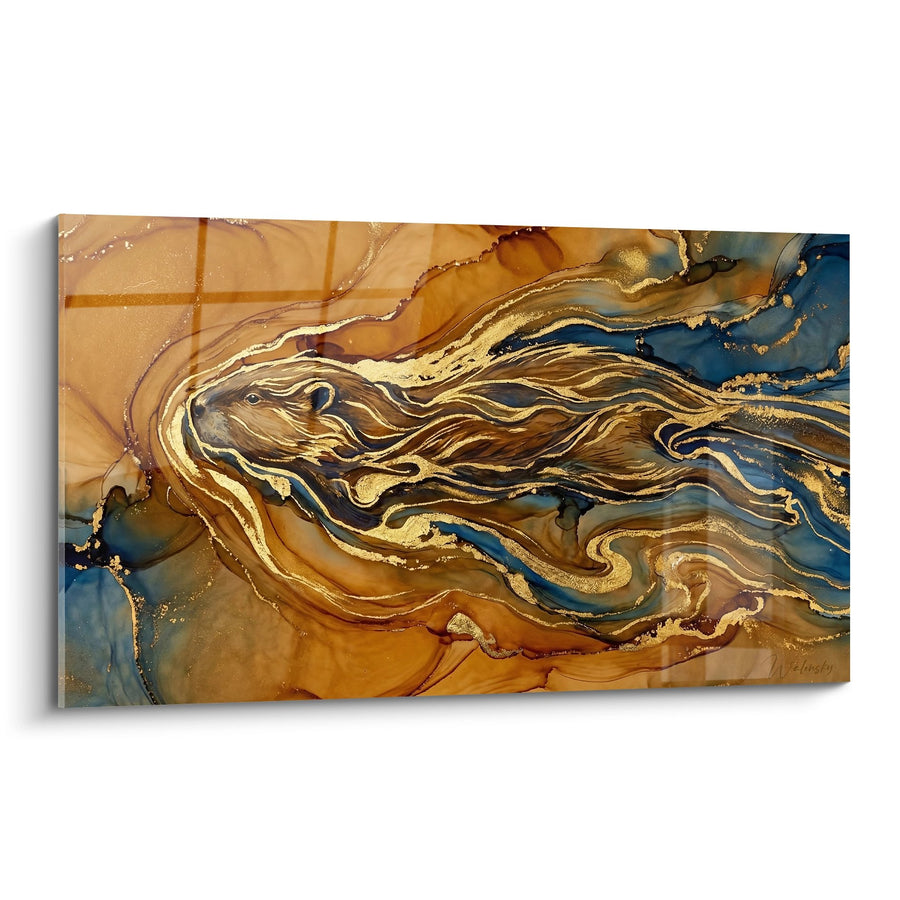 Tableau Castor Majestueux Rivière Dorée Bleu Ocre Marbrures Fluides - Souverain des Eaux - Edition Castor