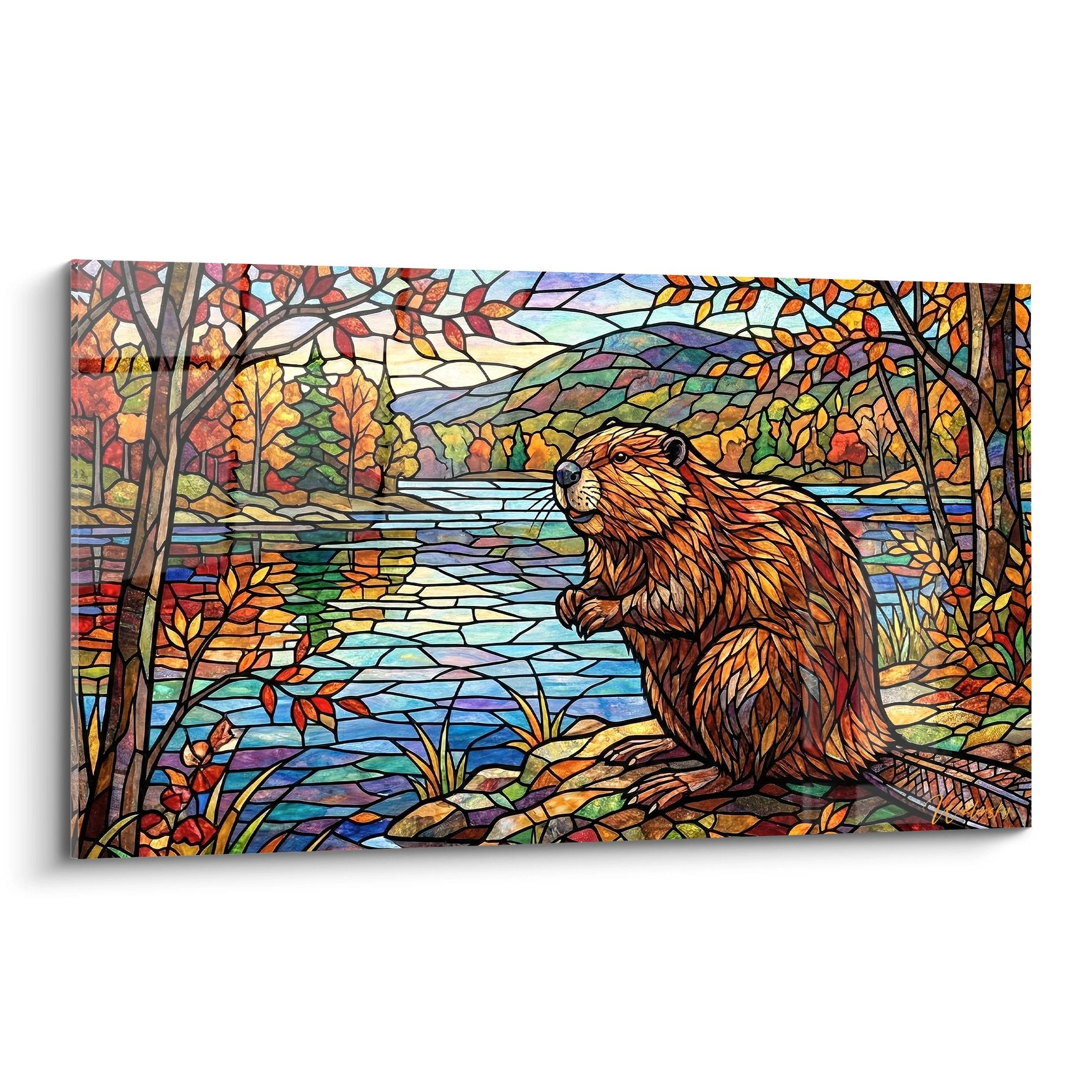 Tableau style vitrail représentant un castor roux au bord d'un lac automnal aux couleurs chatoyantes