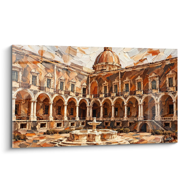 Tableau Cloître baroque ocre et blanc à fontaine - Quiétude monastique - Edition Catane Sicile Italie