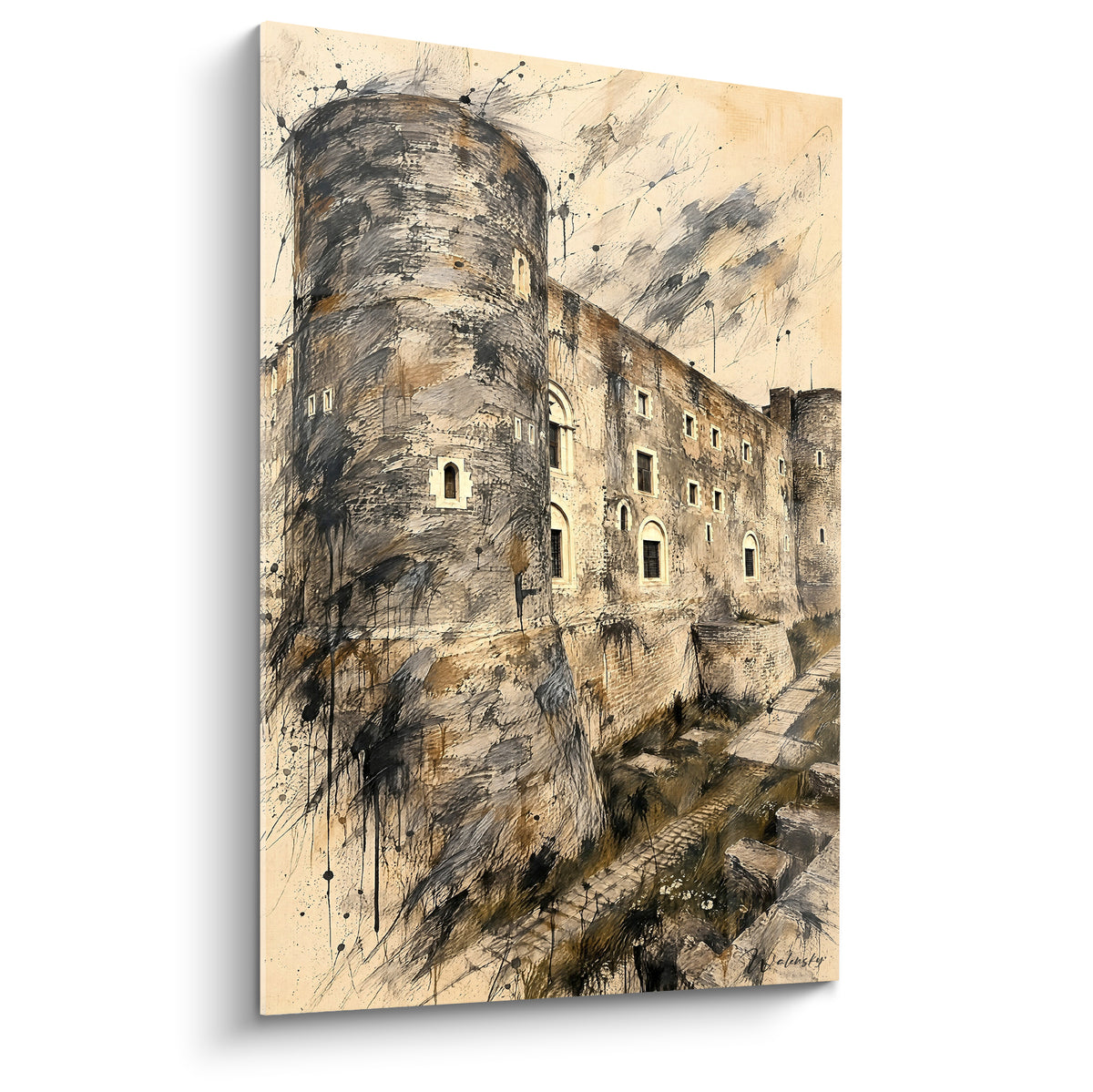 Tableau château Catane Sicile Italie en tons ocre et anthracite avec éclaboussures d'encre noire