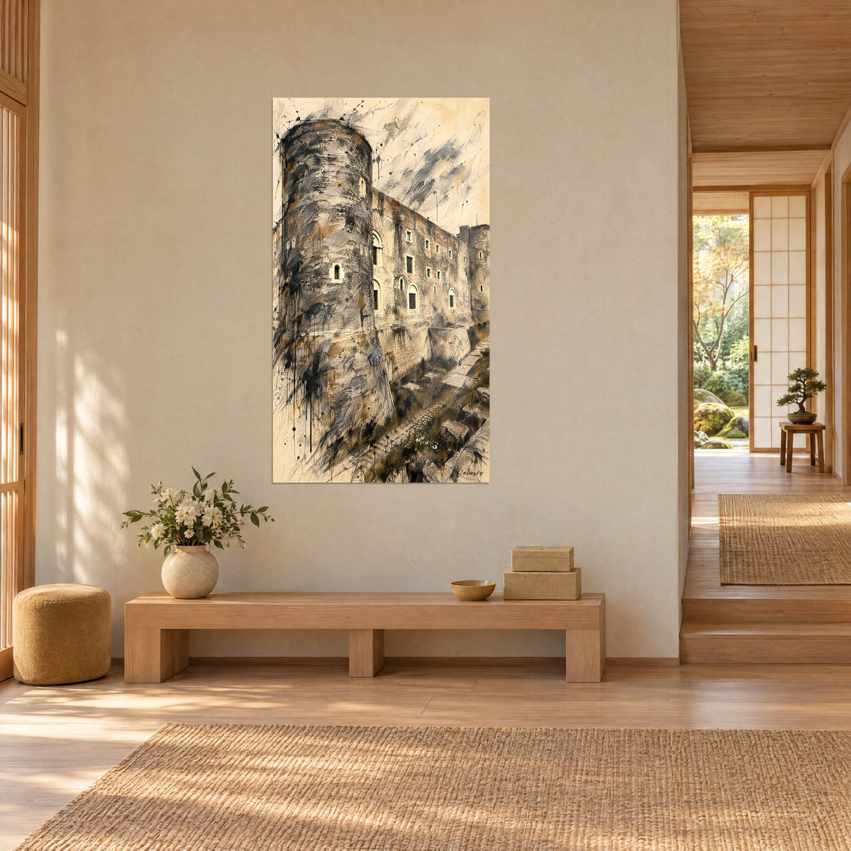 Tableau château fort en lavis, muraille gris perle et ocre, fenêtres cintrées, sur un mur beige, banc en bois clair